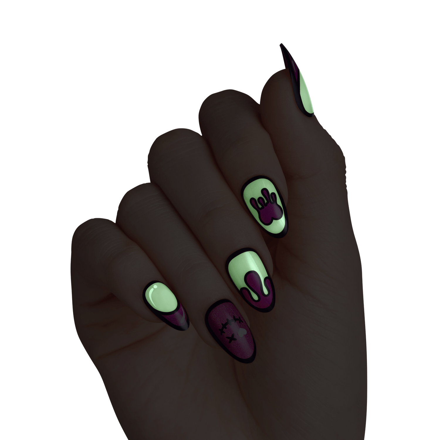 Impress Design Halloween No Glue Fake Press On Nails - Scary Glow | French Design, Pink, Medium, Almond, Glow In The Dark, Manicure