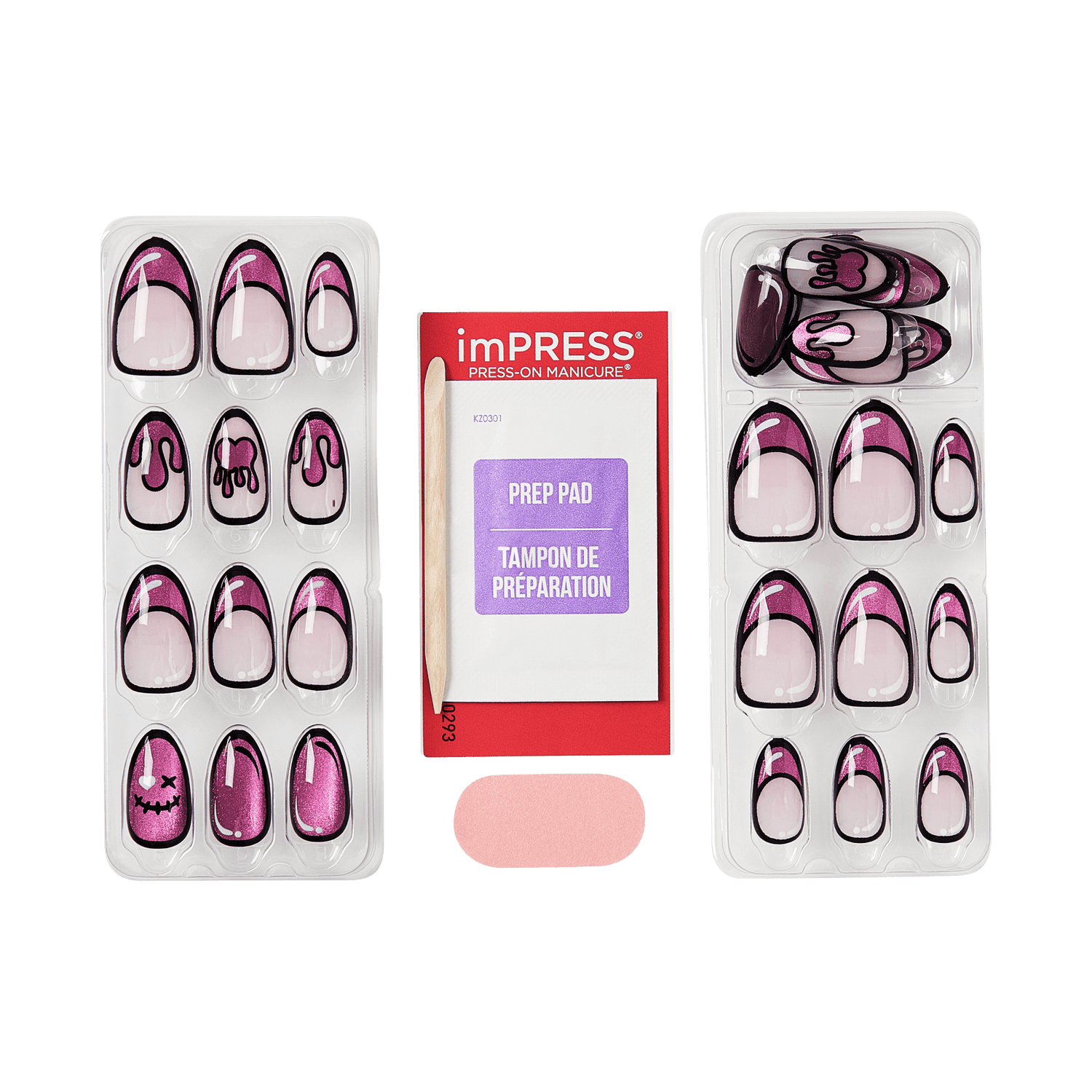 Impress Design Halloween No Glue Fake Press On Nails - Scary Glow | French Design, Pink, Medium, Almond, Glow In The Dark, Manicure