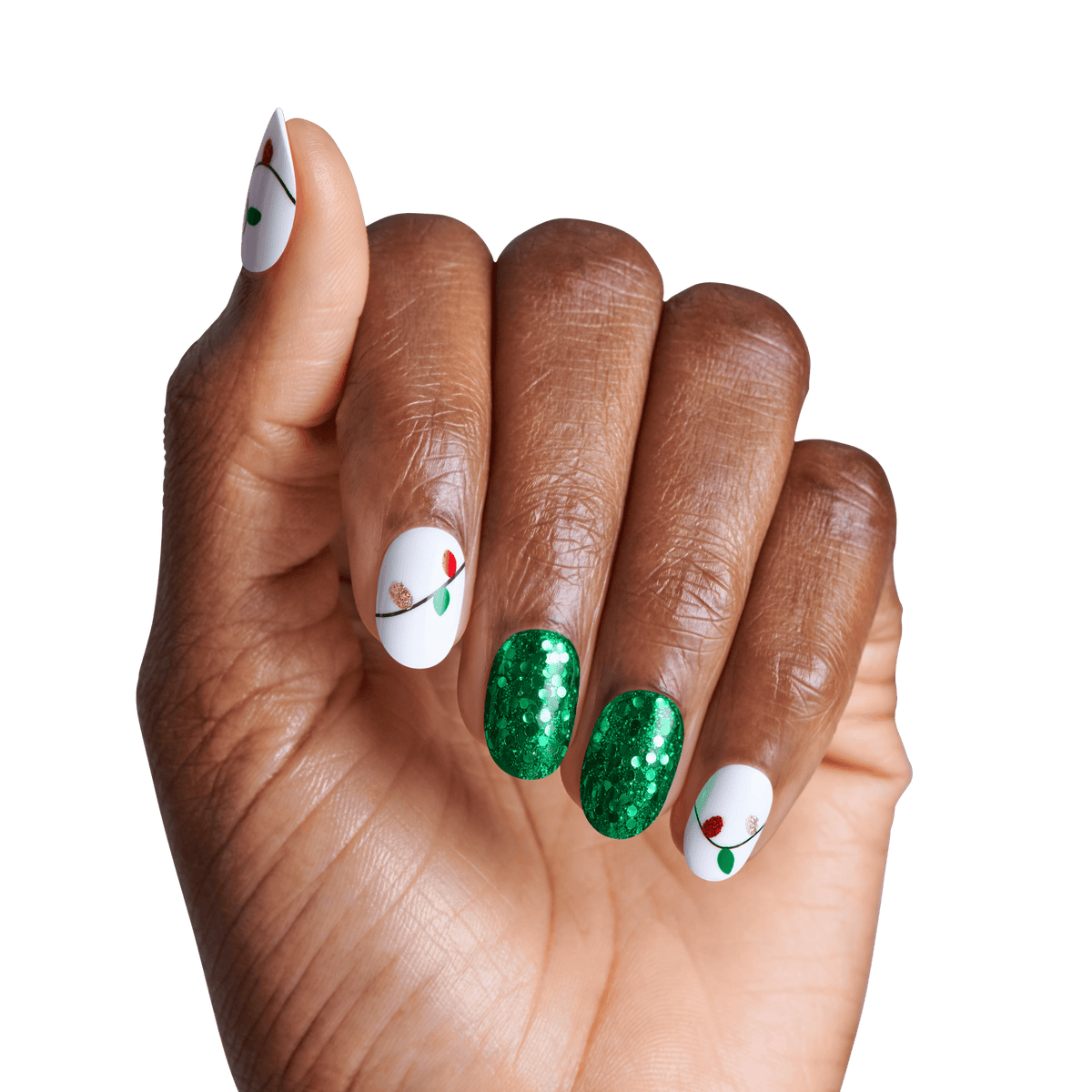 Impress Design Holiday No Glue Fake Press On Nails - Golden Carol | Design, Green &amp; White, Short, Oval, Manicure