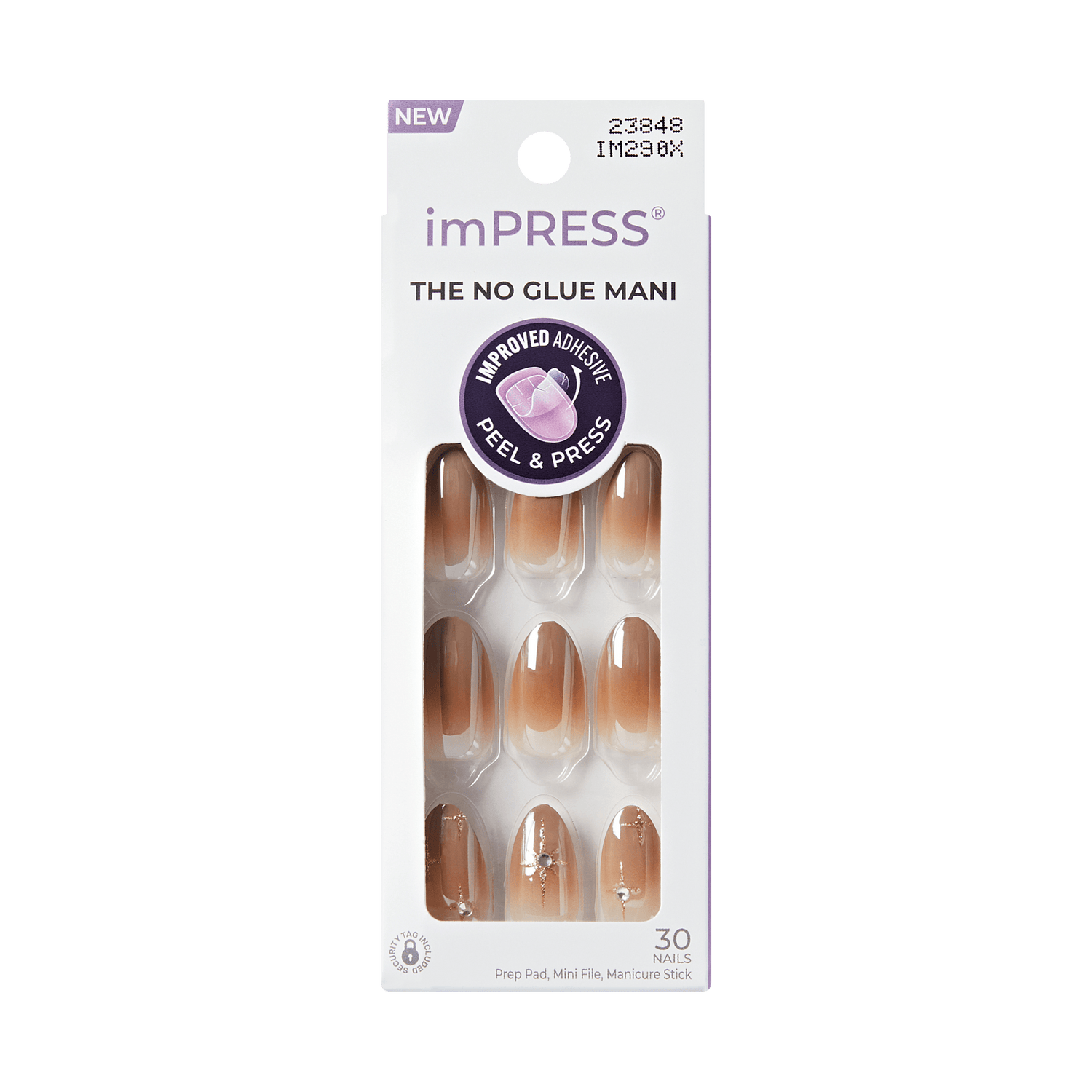 Impress Design No Glue Fake Press On Nails - Crisp | 3D &amp; Jewel Design, Brown, Medium, Almond, Manicure