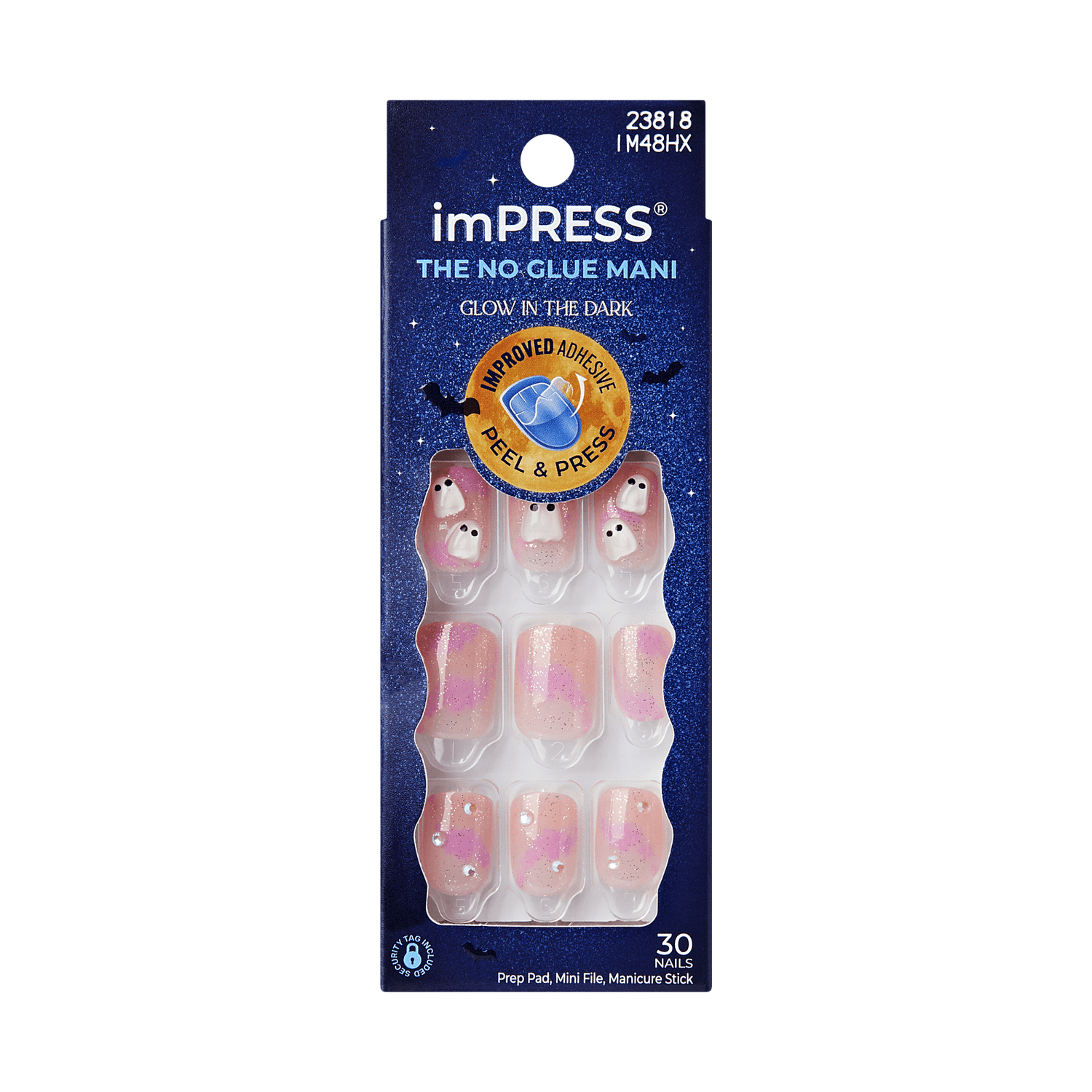 Impress Design Halloween No Glue Fake Press On Nails - Bloody Chic | Design, Pink, Short, Squoval, Glow In The Dark, Manicure