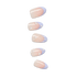 Five nude oval gel nails with pearl embellishments and shell designs.