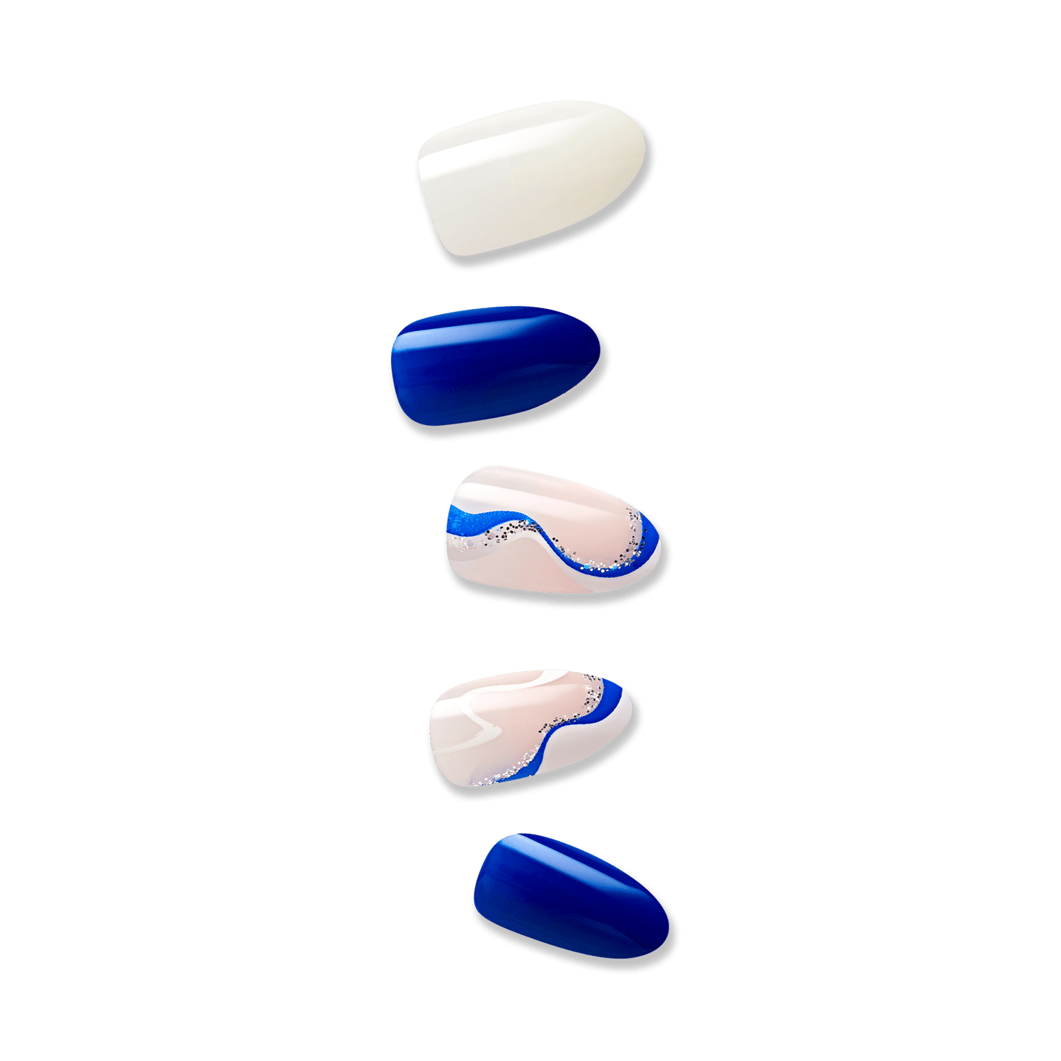 Five press-on nails displayed vertically: two solid royal blue, one solid off-white, and two light pink with wavy blue and silver glitter designs.