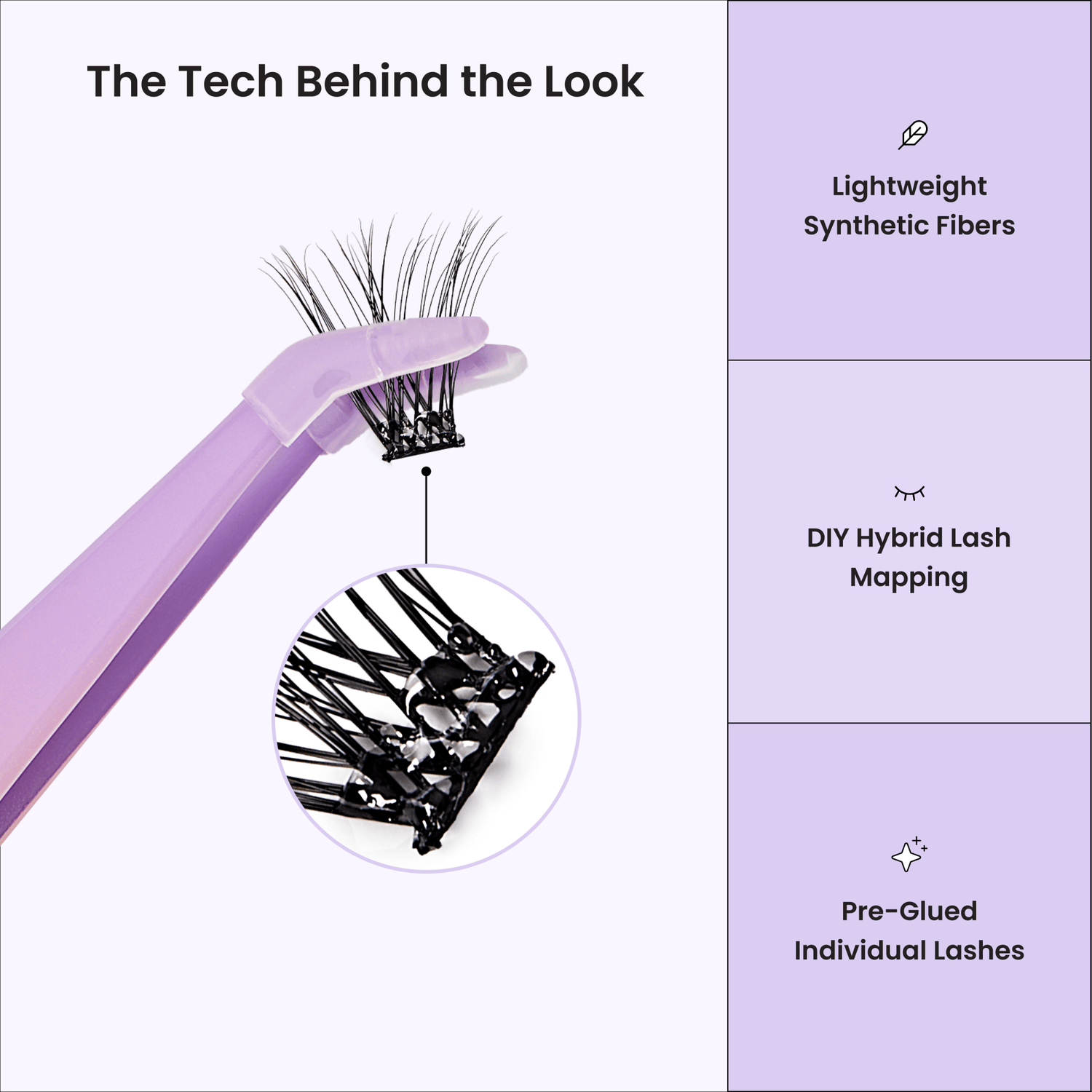 Lash extension tool with text detailing features on a light purple background