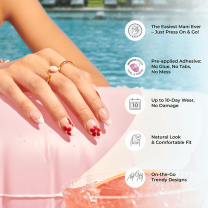 Hand with red nail polish by a pool, promoting a product with text about ease of use and features. The Easiest Mani Ever. Pre-applied Adhesive No Glue no Tabs No mess. 