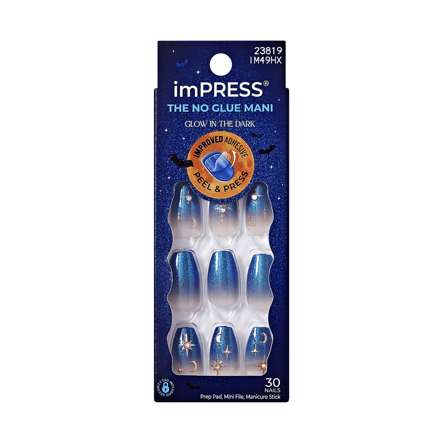 Impress Design Halloween No Glue Fake Press On Nails - Fatal Spell | Design, Blue, Medium, Coffin, Glow In The Dark, Manicure