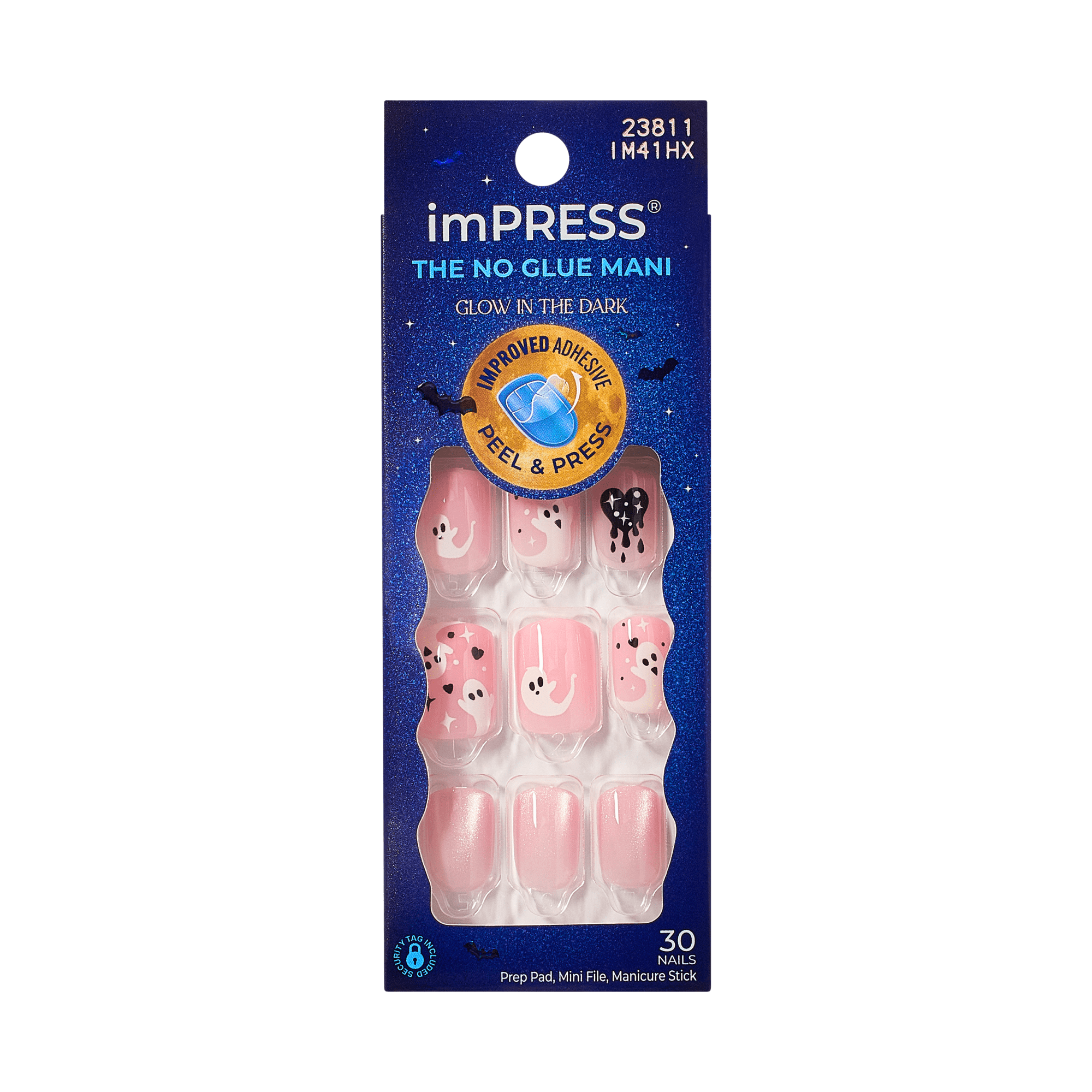 Impress Design Halloween No Glue Fake Press On Nails - Blood Moon | Design, Pink, Short, Squoval, Glow In The Dark, Manicure