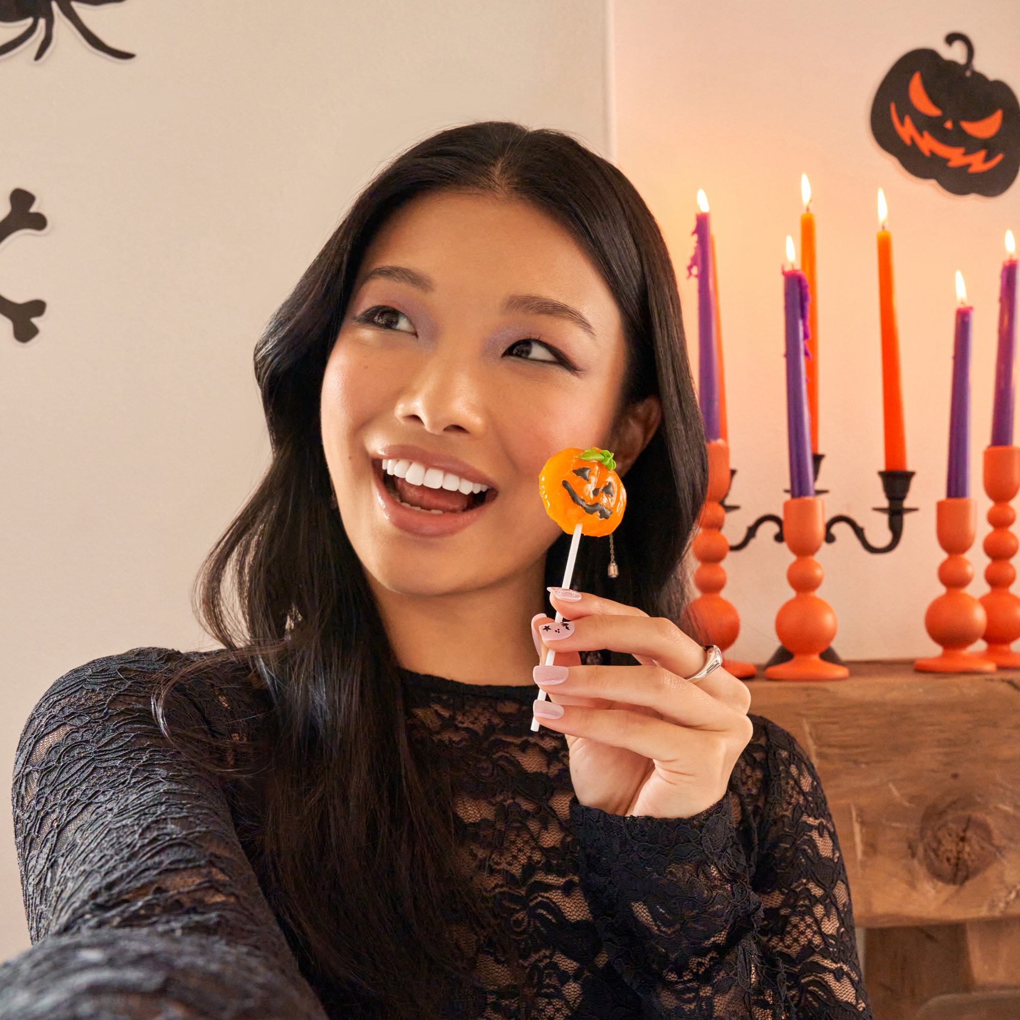 Impress Design Halloween No Glue Fake Press On Nails - Broom &amp; Bloom | Design, Pink, Short, Squoval, Glow In The Dark, Manicure