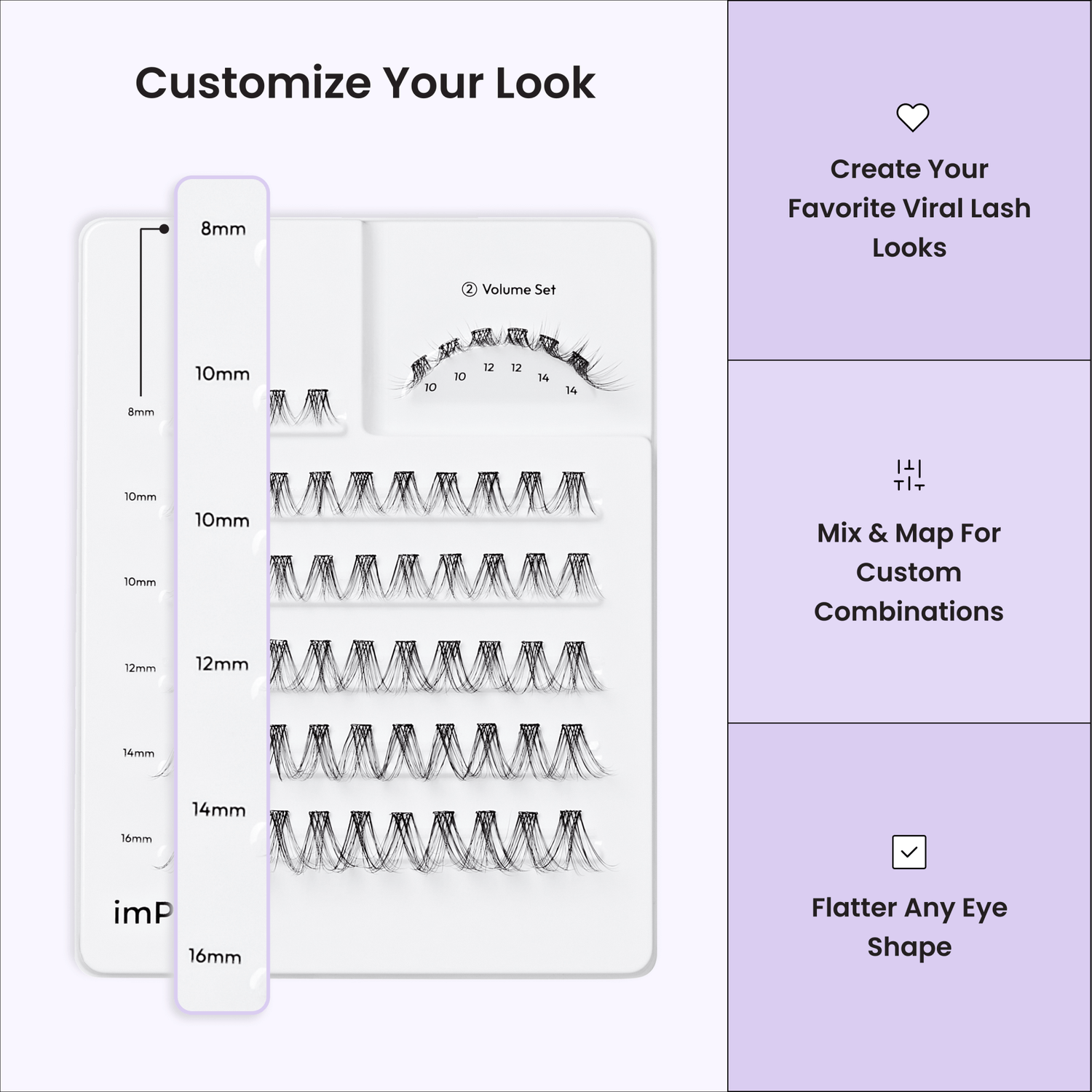Eyelash extension kit with measurement chart and customization options on a white background