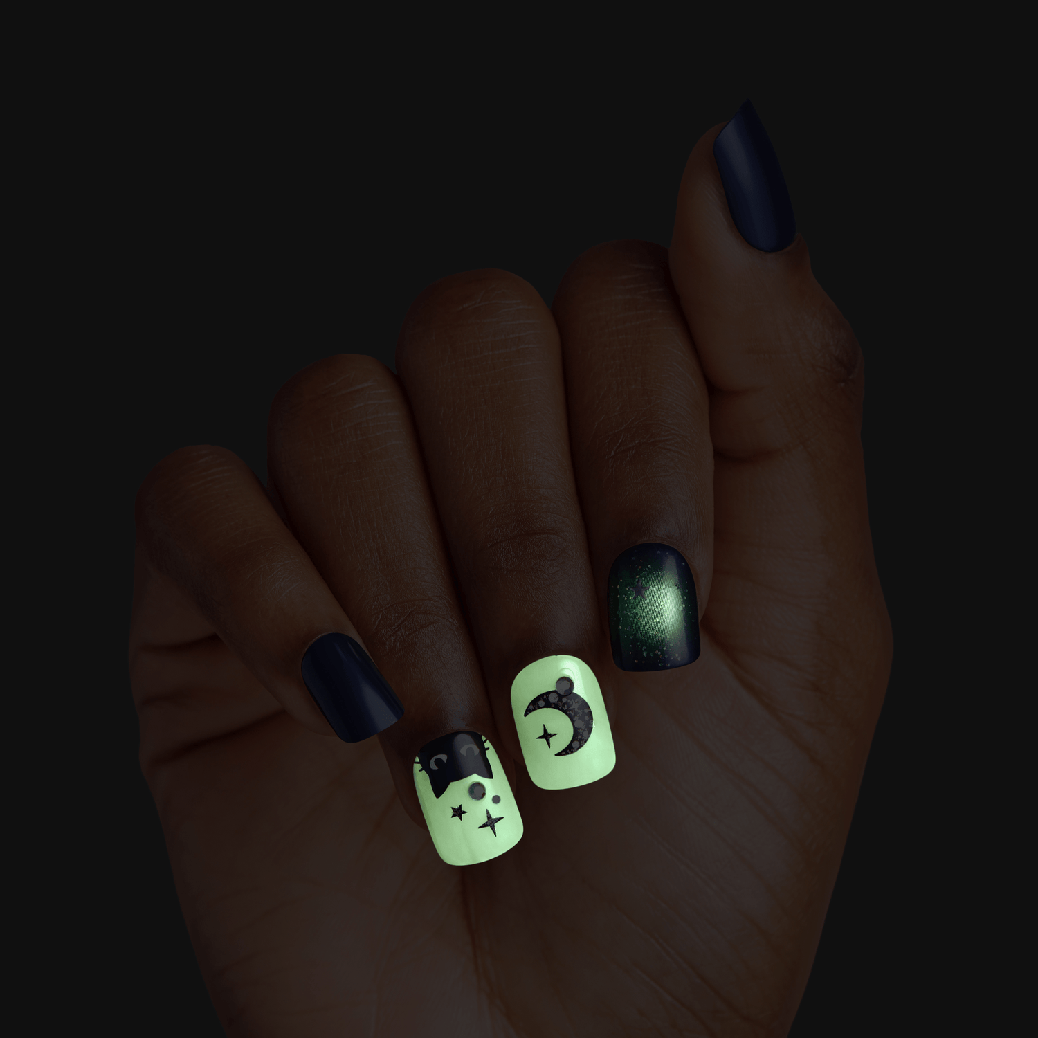 Impress Design Halloween No Glue Fake Press On Nails - Fright Club | Design, Blue &amp; Pink, Short, Squoval, Glow In The Dark, Manicure