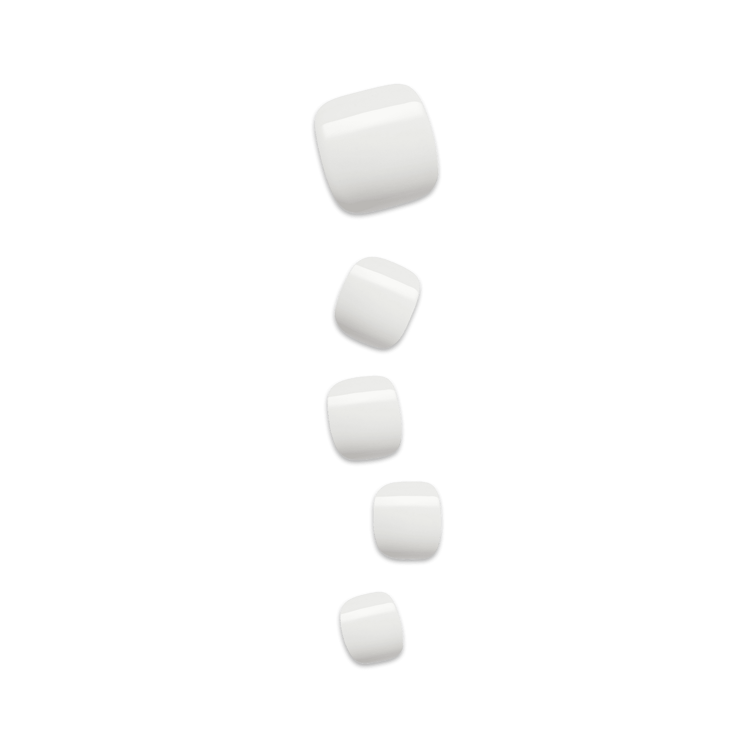 Five white square toe nails on a transparent