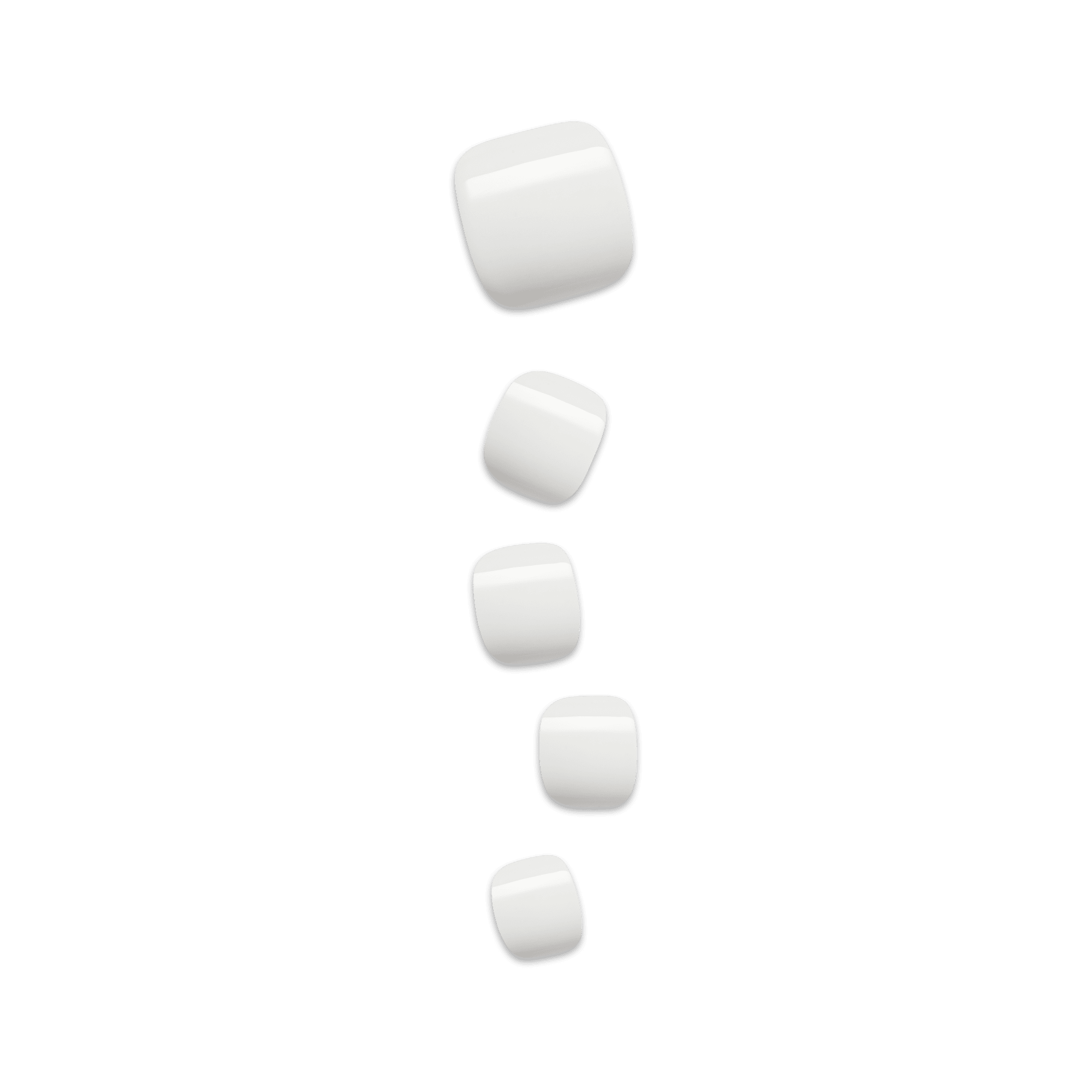 Five white square toe nails on a transparent