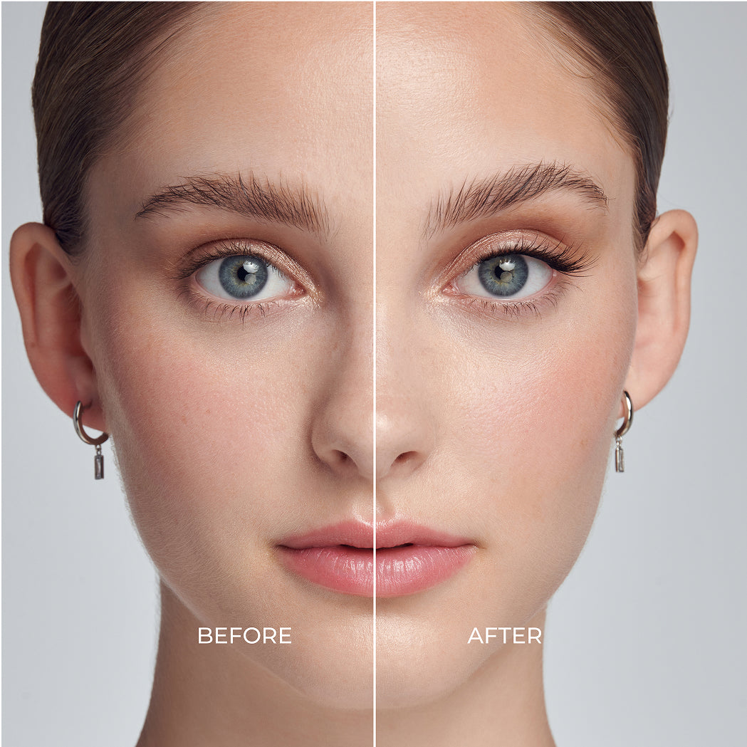 Before and after cosmetic treatment showing skin improvement and enhanced eyelashes.