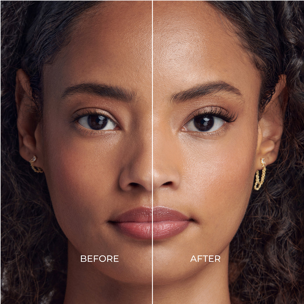 Before and after comparison of imPRESS Easy-Tab Chic Wispy false lashes on model
