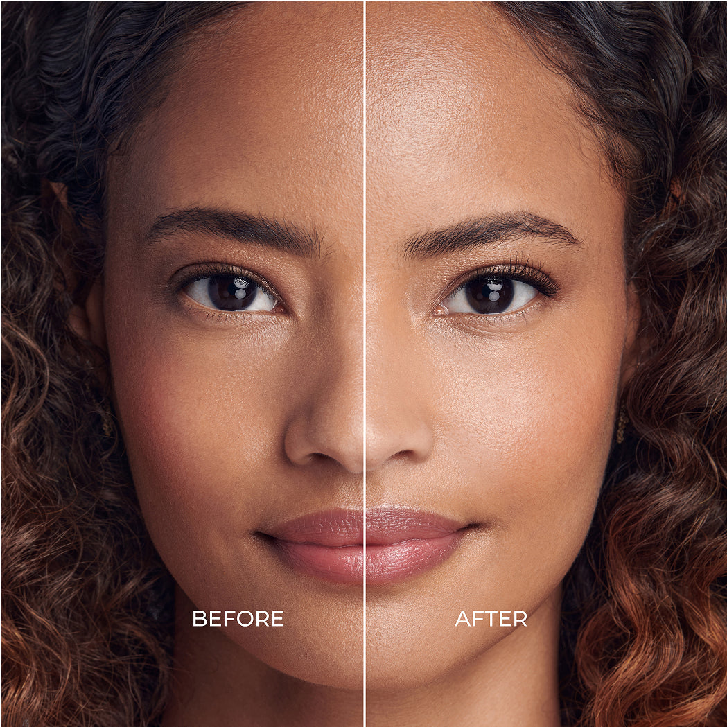 Before and after comparison showing skin texture improvement with imPRESS Easy Tab lashes.