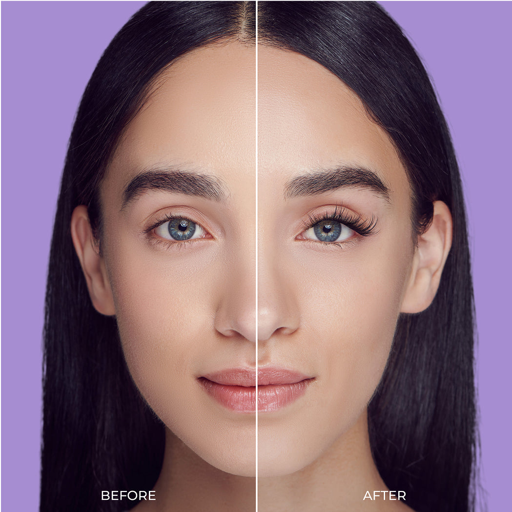 Before and after comparison of imPRESS Falsies lashes on model's eyes.