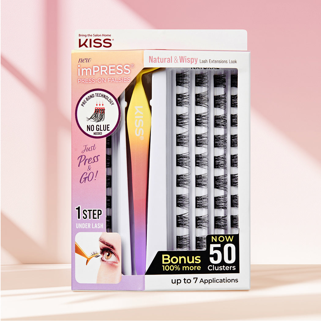 KISS imPRESS Press-On Falsies and Lash Extensions with 50 bonus clusters on pink background.