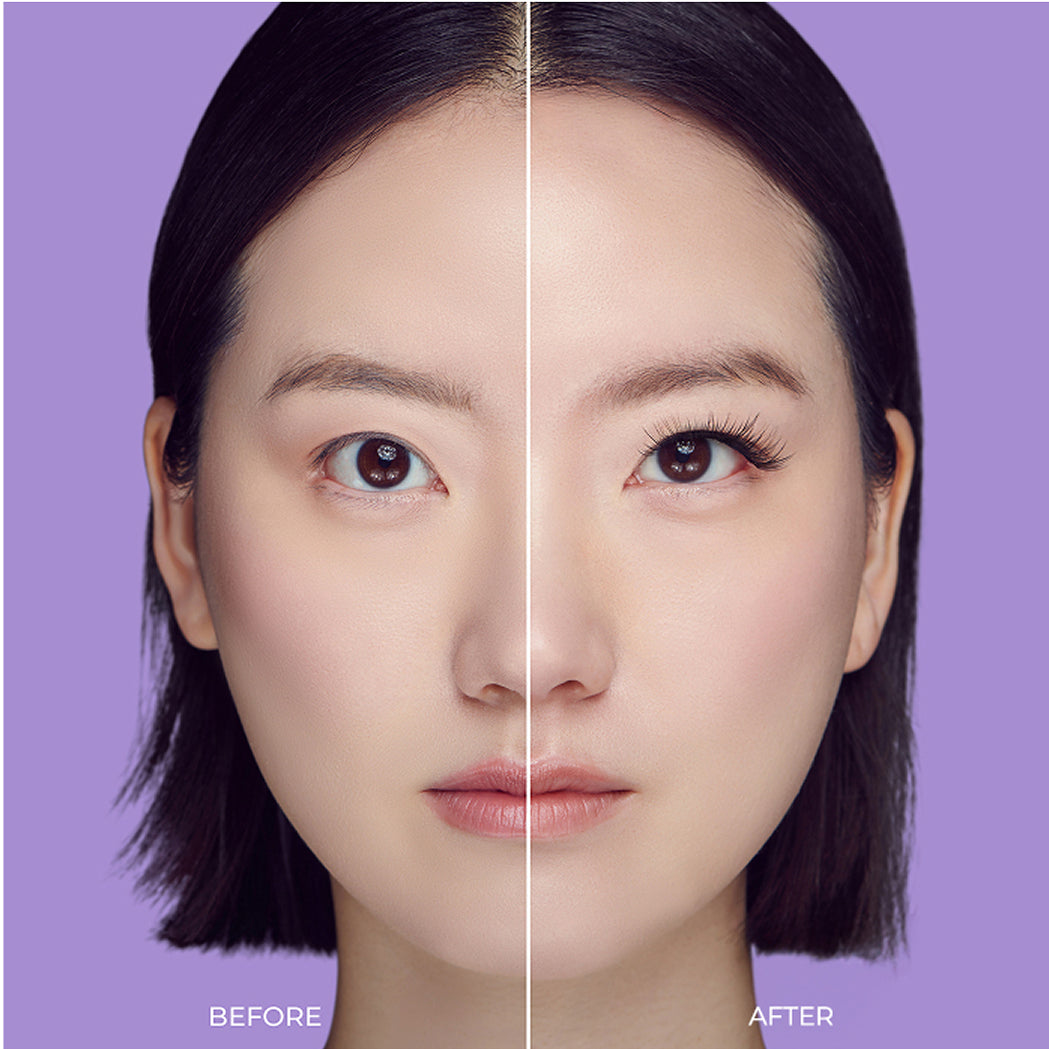 Before and after comparison of eye makeup with imPRESS false lashes application