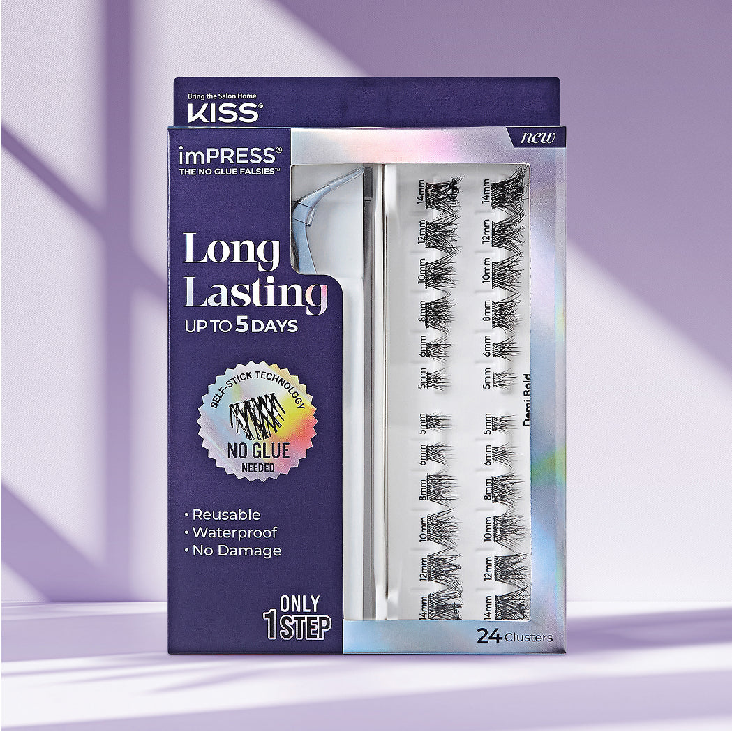 KISS imPRESS Long Lasting false lashes, 24 clusters, no glue needed, up to 5 days wear.