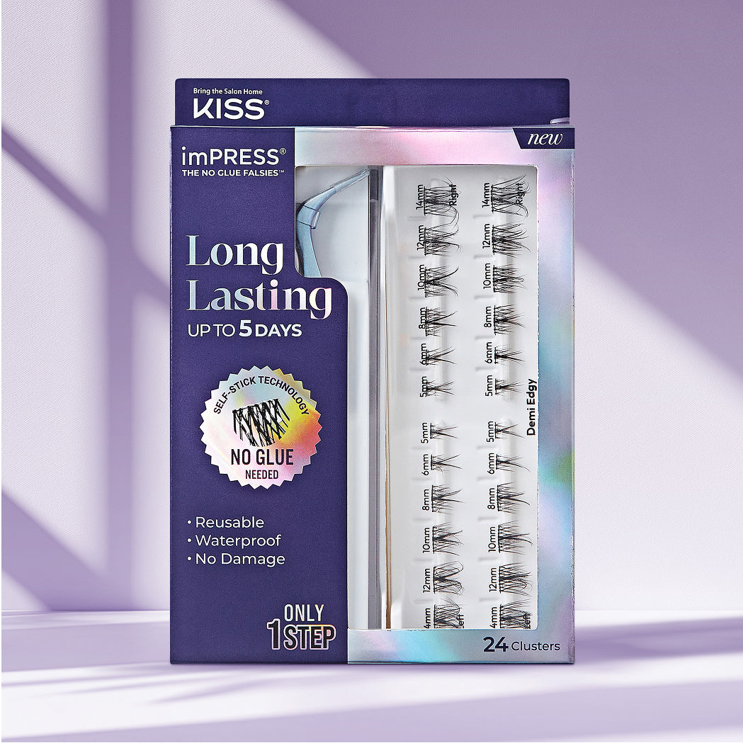 KISS imPRESS Long Lasting false lashes, 24 clusters, no glue needed, up to 5 days wear.