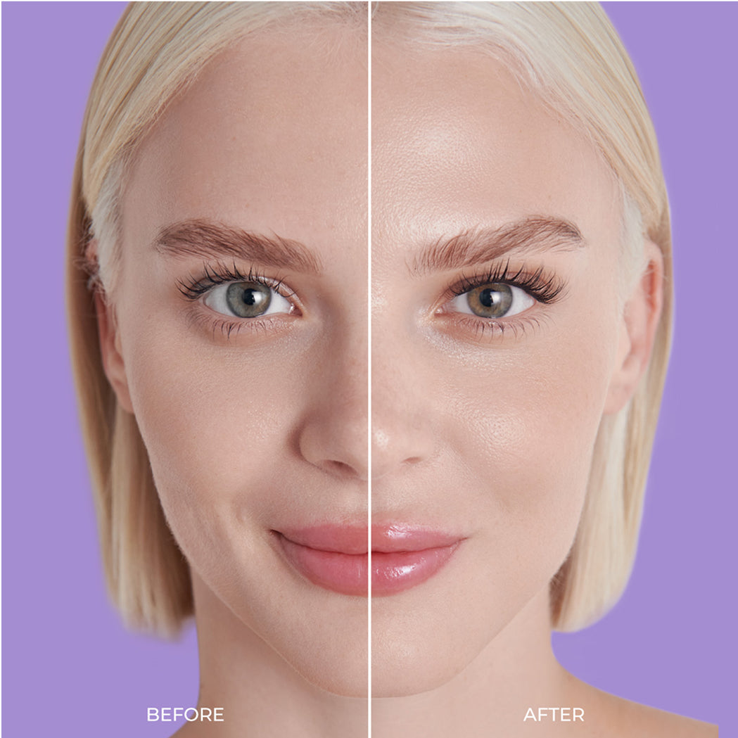 Before and after comparison of imPRESS false lashes on model with blonde hair against purple background.