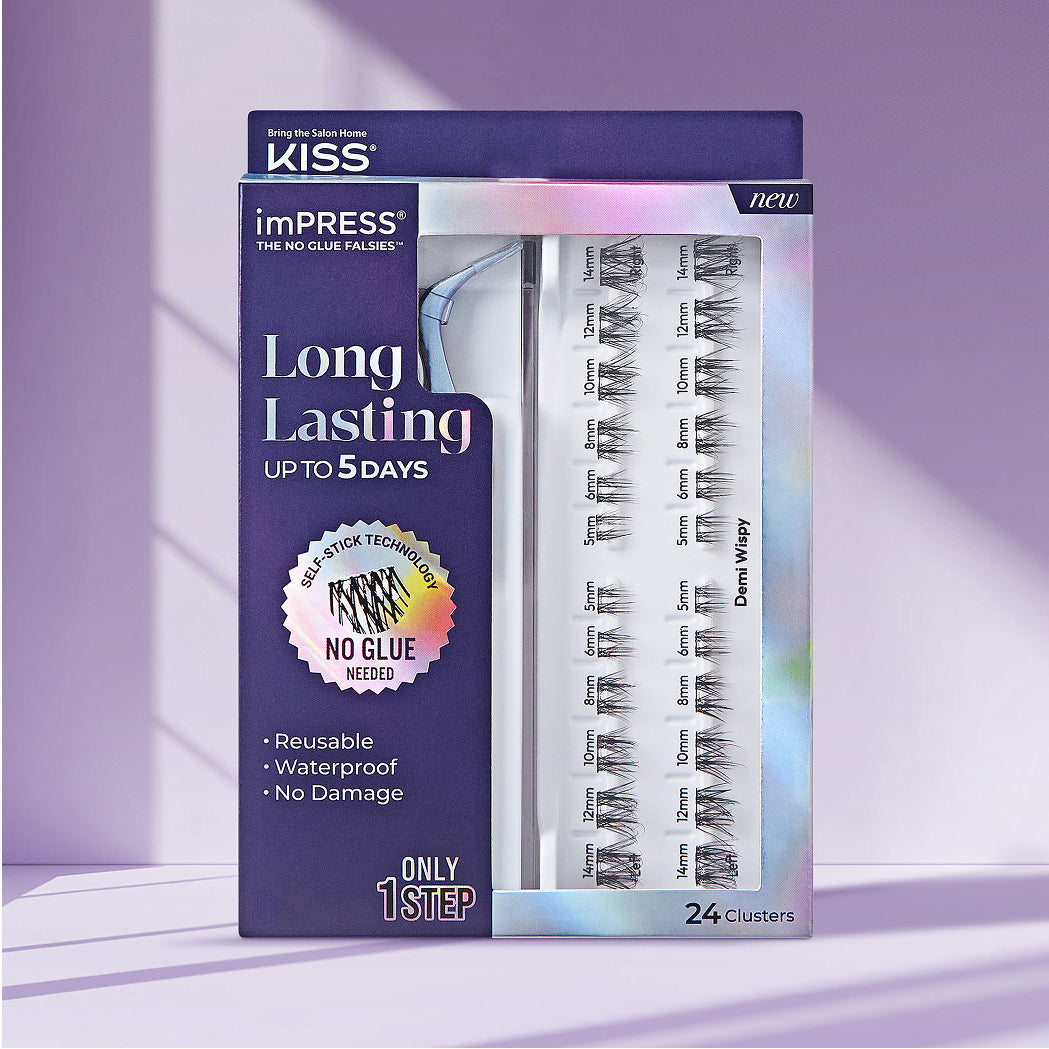 KISS imPRESS Long Lasting false lashes, 24 clusters, no glue needed, Demi Wispy style.
