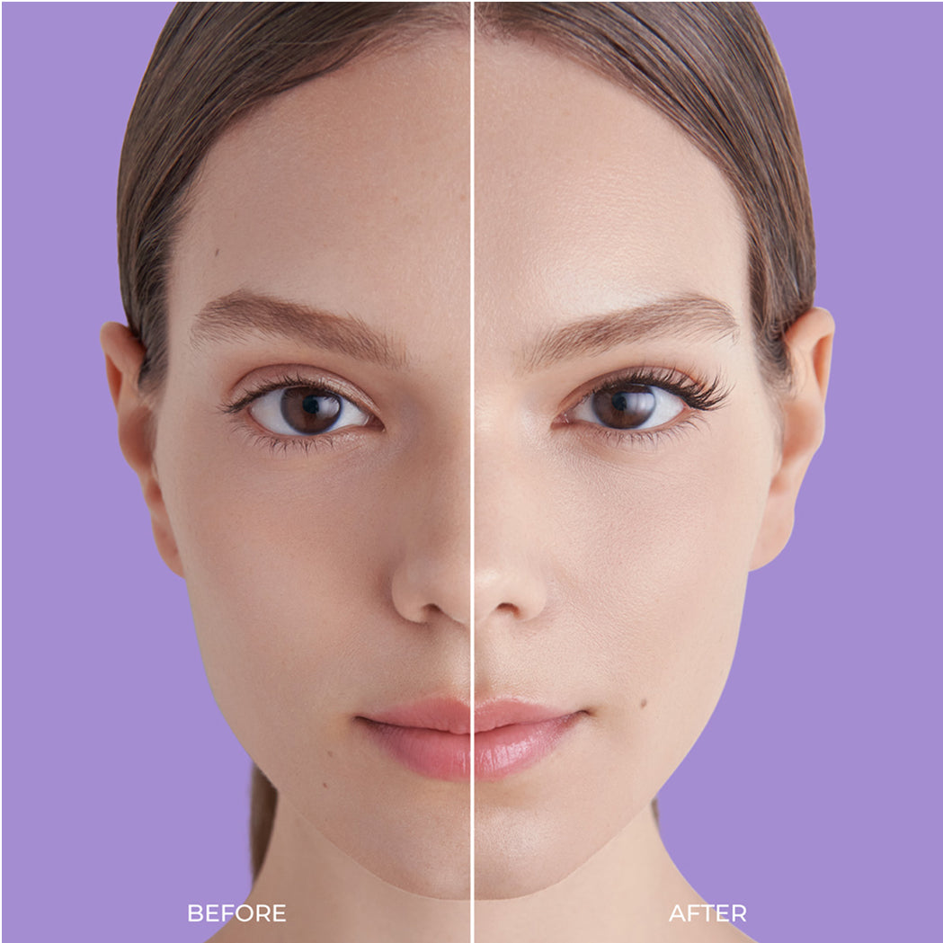 Before and after comparison of imPRESS demi wispy lashes on model against purple background.