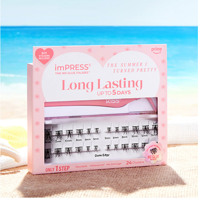 imPRESS Long Lasting press-on nails in pink packaging on beach background