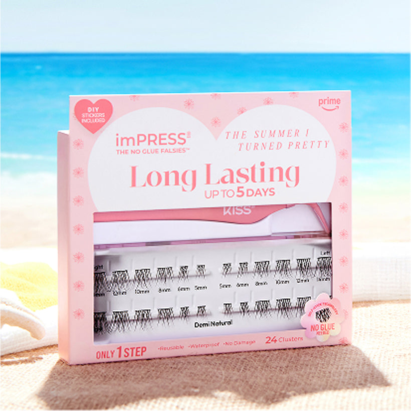 imPRESS Long Lasting no-glue false eyelashes in Demi Natural, 24 clusters, up to 5 days wear.