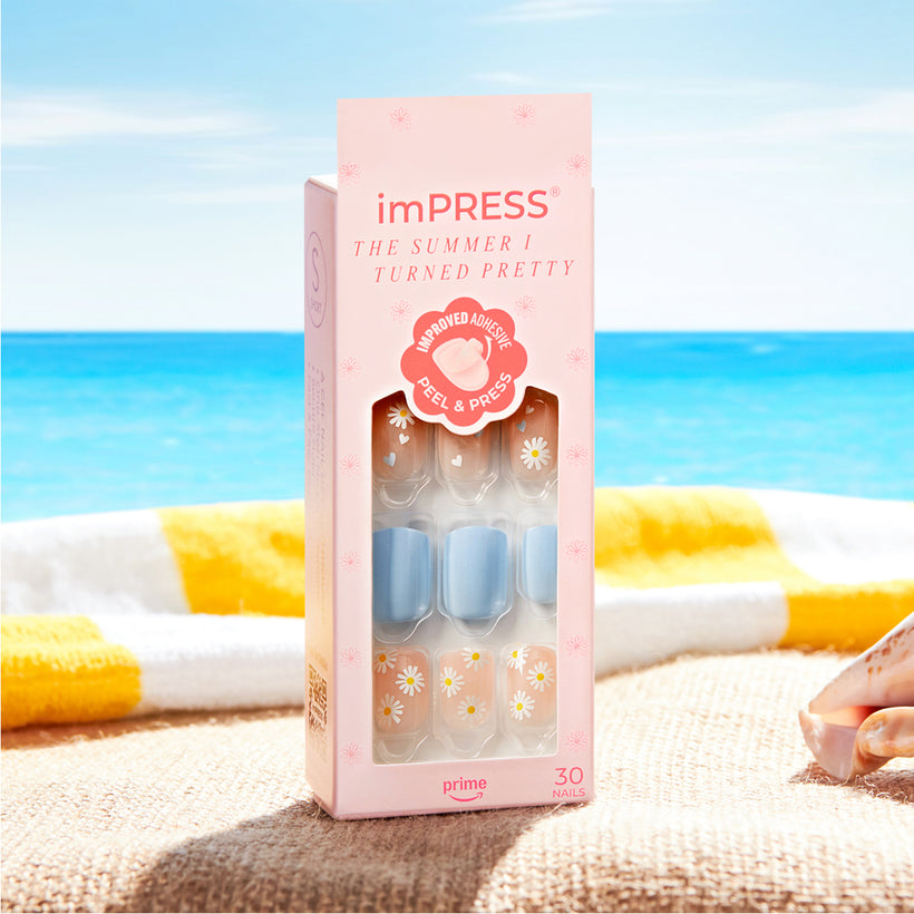 imPRESS press-on nails "The Summer I Turned Pretty" collection on beach background.