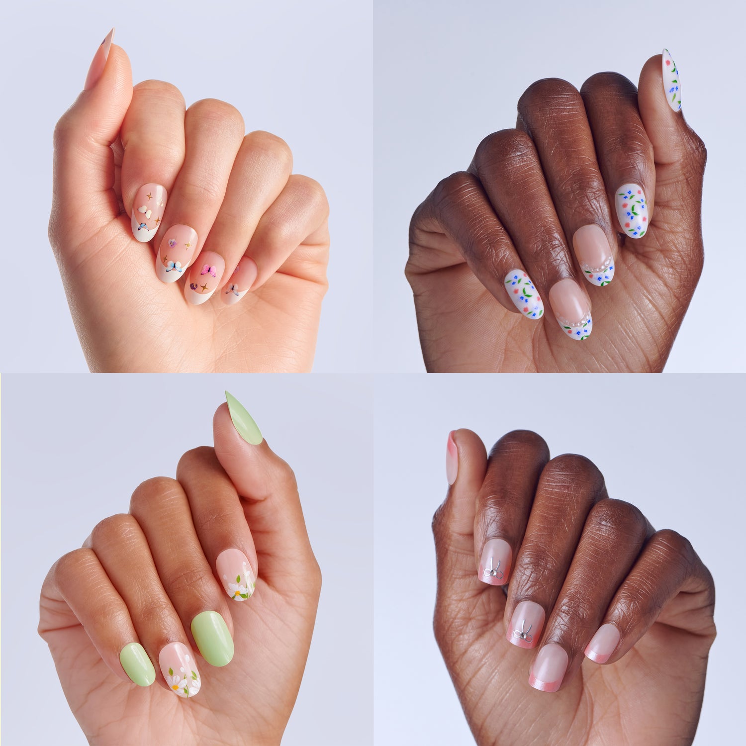Four nail designs showcasing spring and Easter manicures on different skin tones.