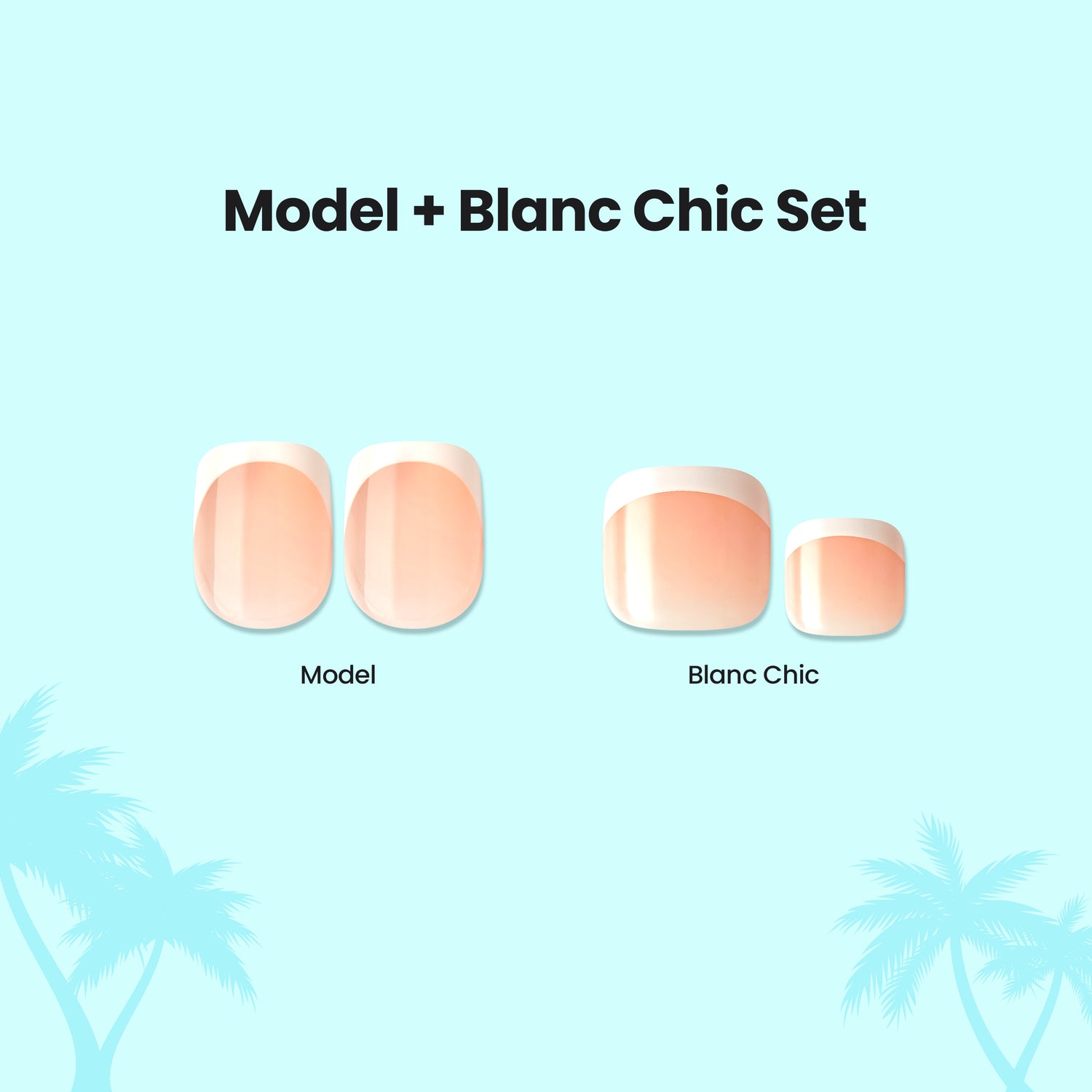 Model + Blanc Chic nail set comparison showing two nail shapes on light blue background.
