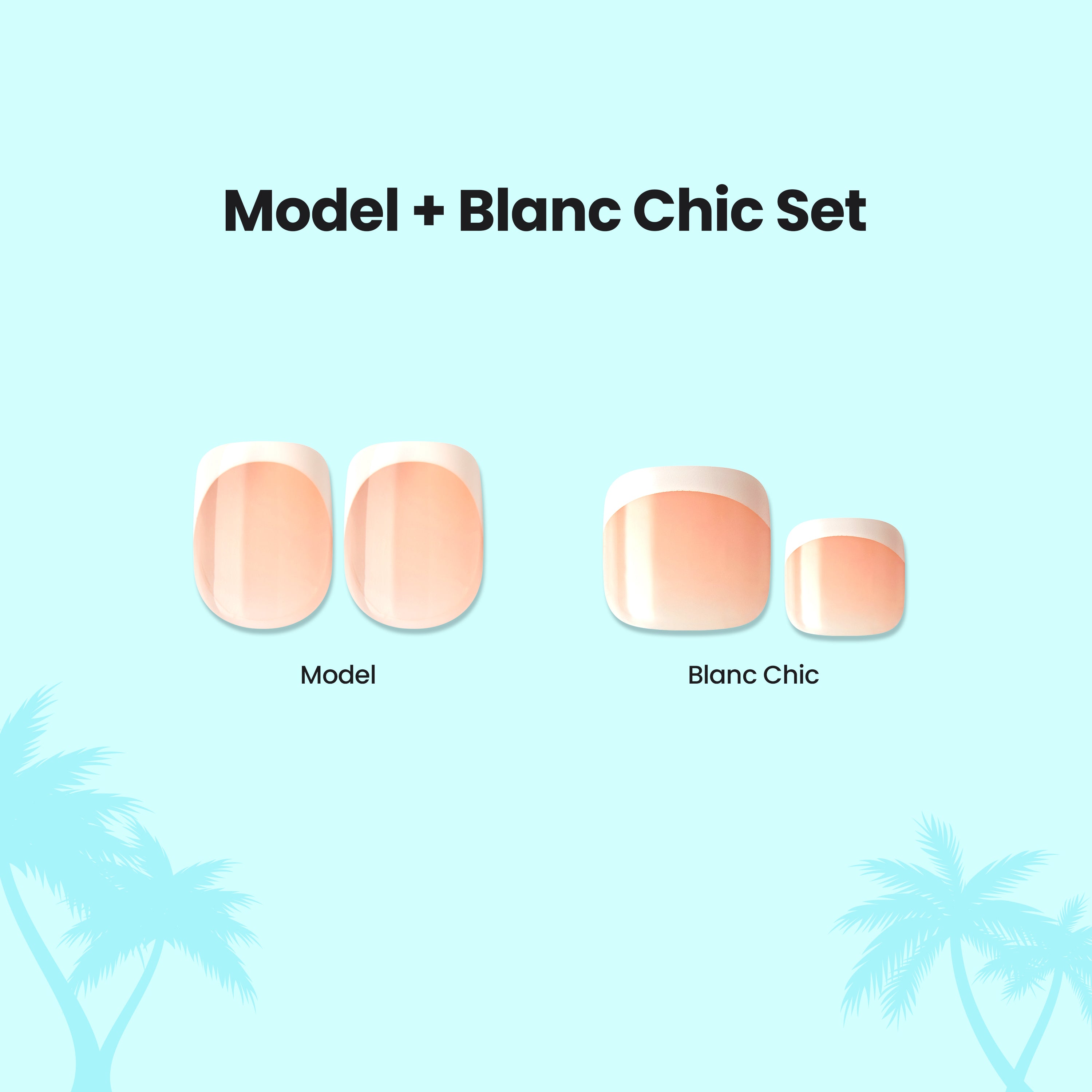 Model + Blanc Chic nail set comparison showing two nail shapes on light blue background.