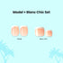 Model + Blanc Chic nail set comparison showing two nail shapes on light blue background.