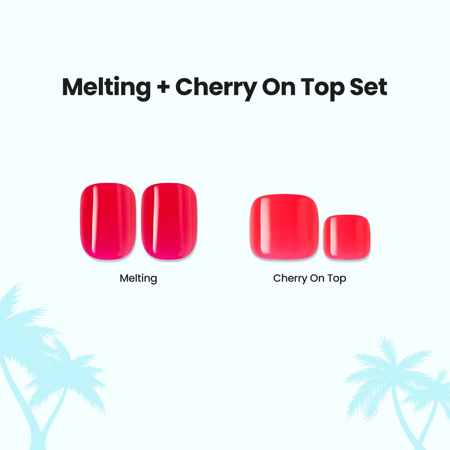 Melting and Cherry On Top press-on nail sets in bright pink shades