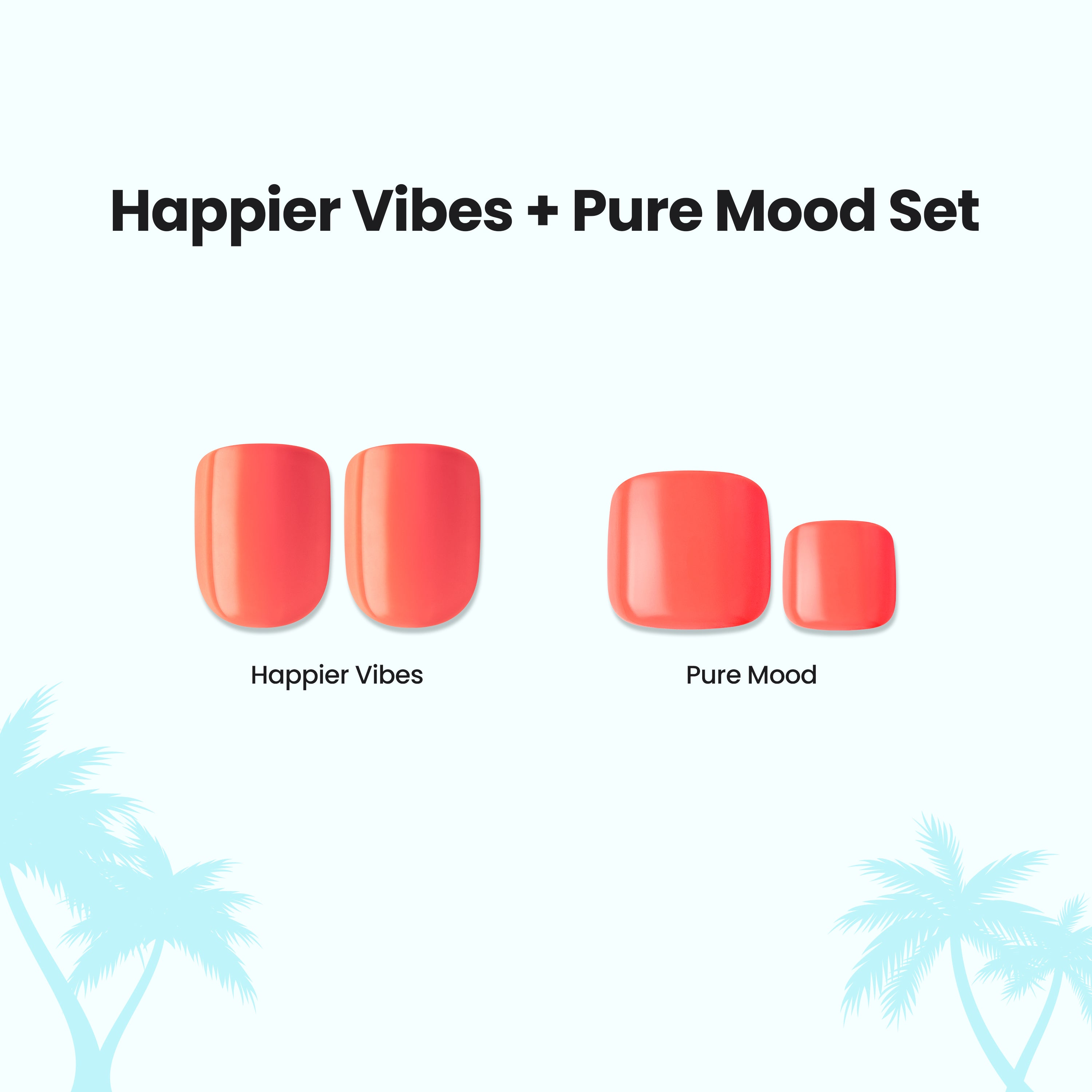 Happier Vibes and Pure Mood press-on nail sets in coral red.