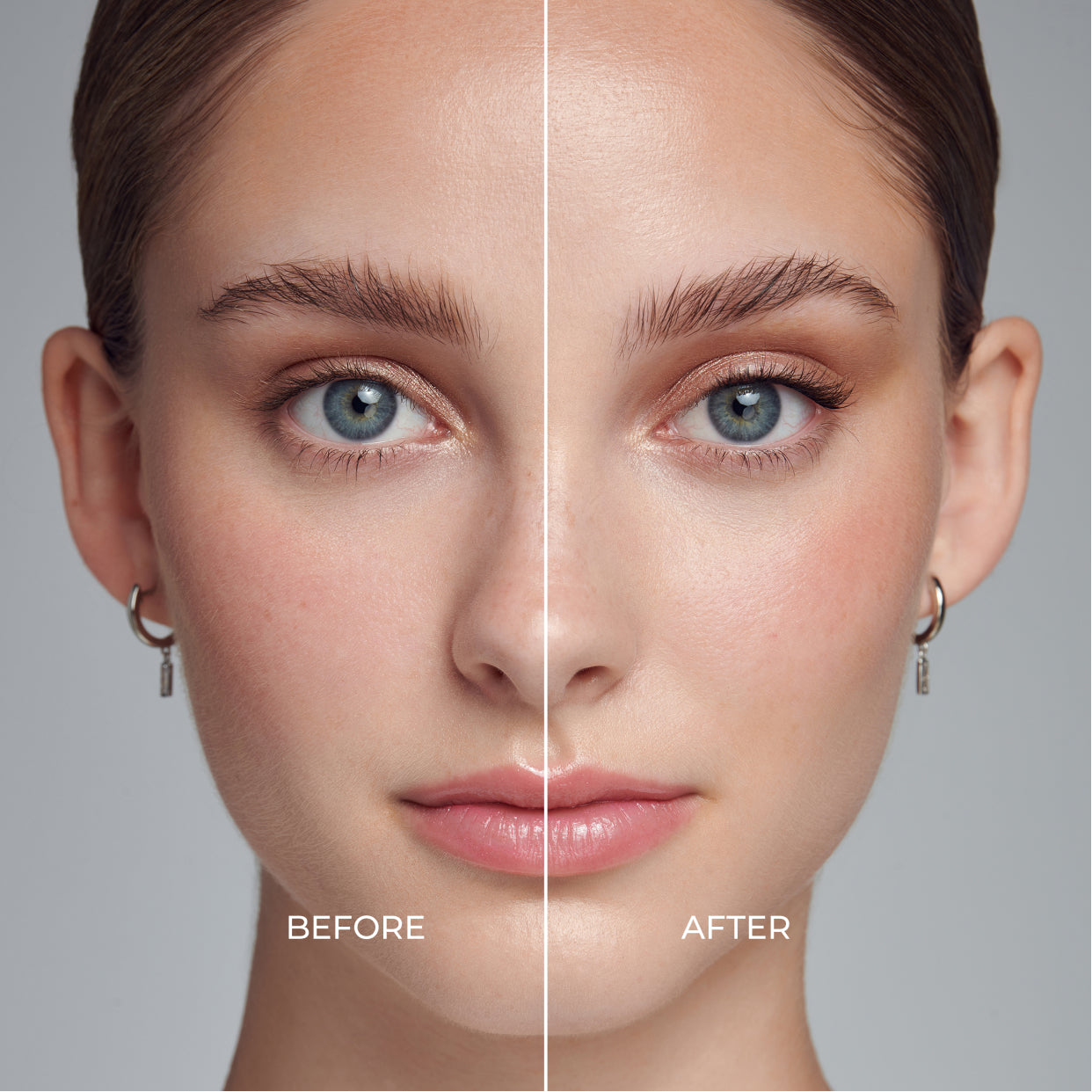 Before and after comparison showing makeup application with wispy lashes.