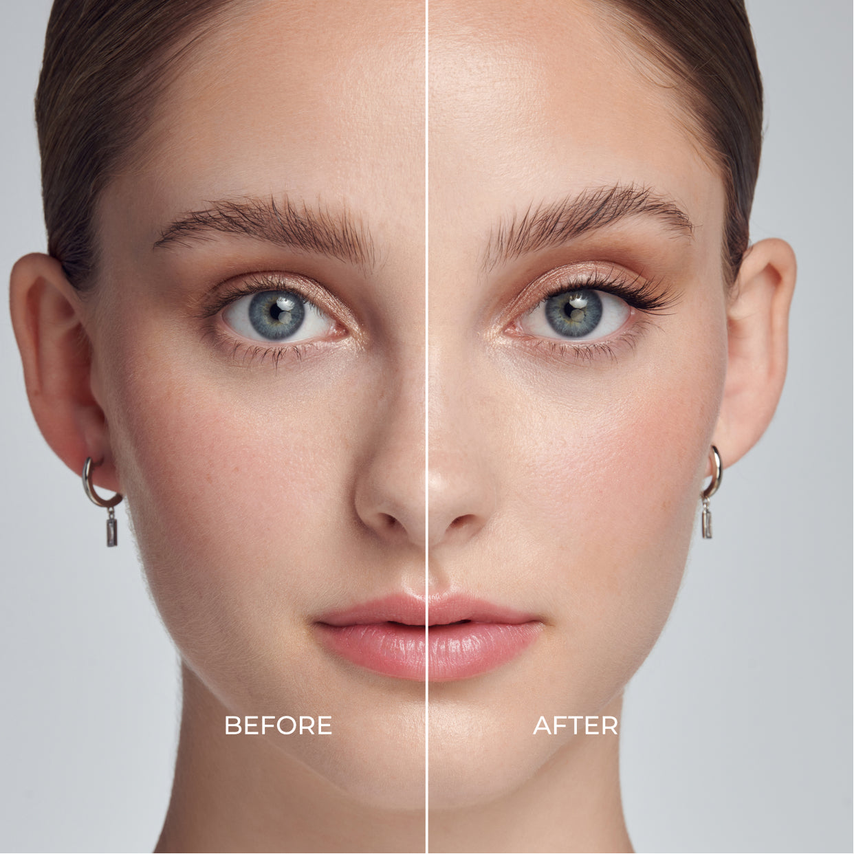 Before and after comparison of eye makeup application with false lashes.