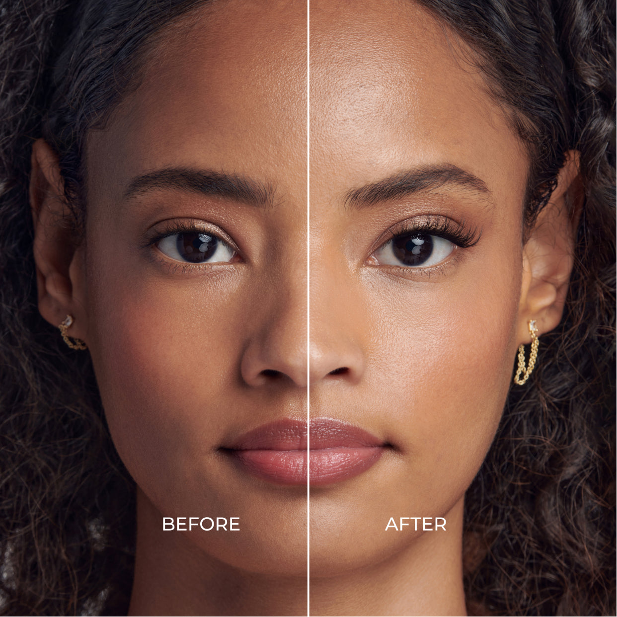 Before and after comparison showing eyelash enhancement with imPRESS Easy Tab lashes.