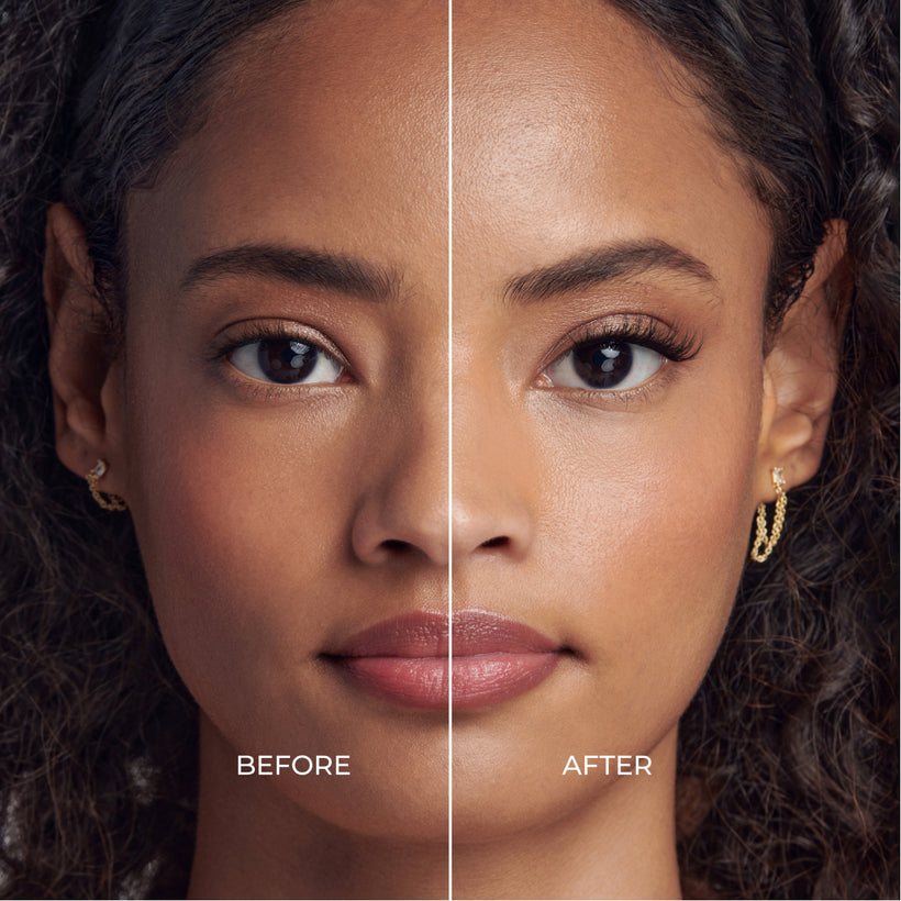 Before and after comparison showing eyelash enhancement with imPRESS Easy Tab lashes.