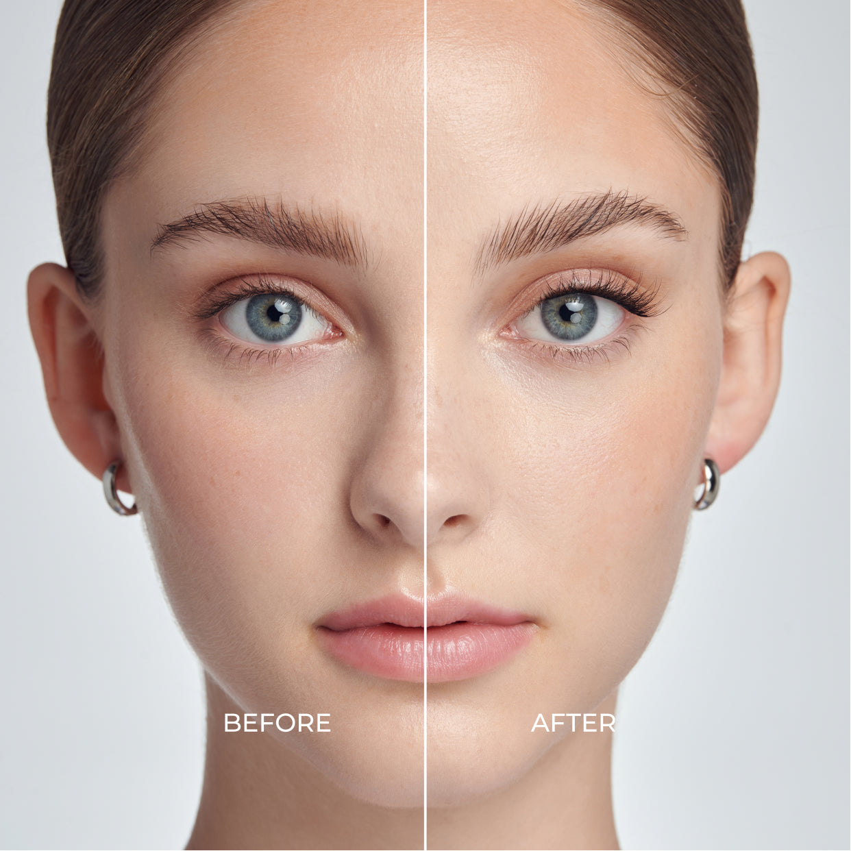 Before and after comparison showing eyebrow transformation with fuller, defined brows.