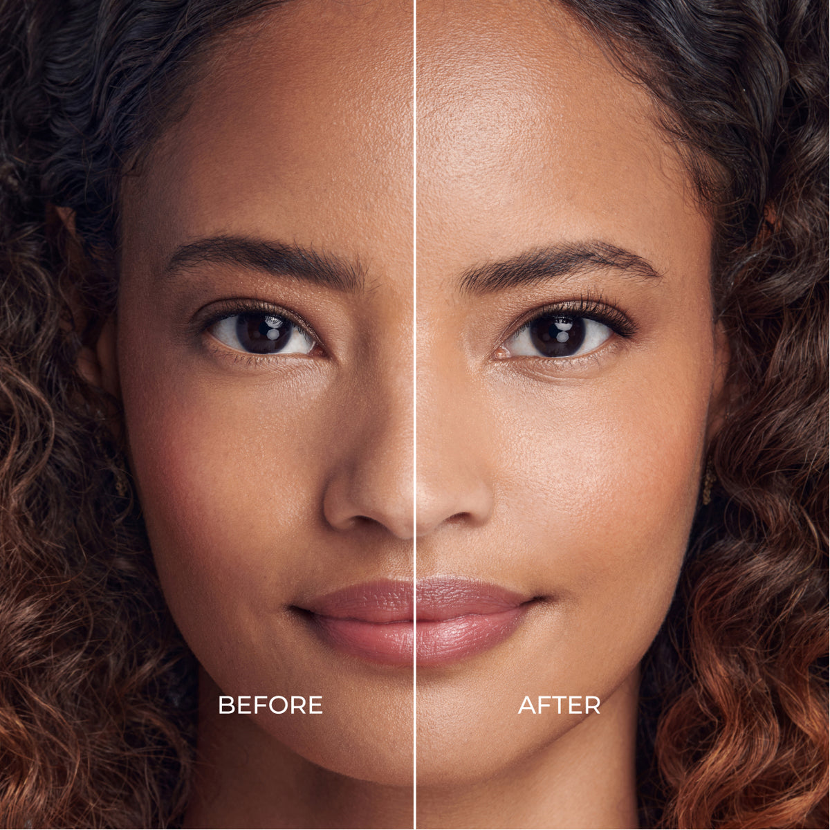Before and after comparison showing skin brightening and eye makeup enhancement results.
