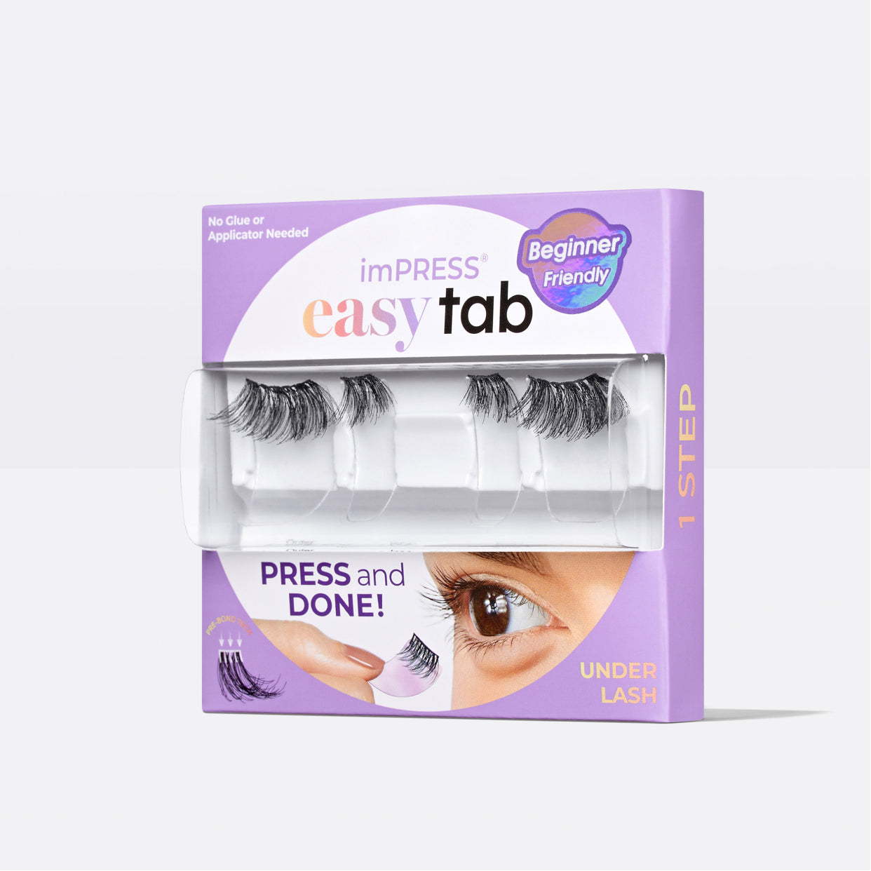 imPRESS Easy Tab under lash press-on lashes, beginner friendly, no glue needed.