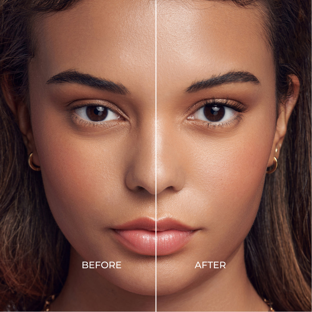 Before and after comparison of eye makeup application with natural eyeshadow and eyeliner.