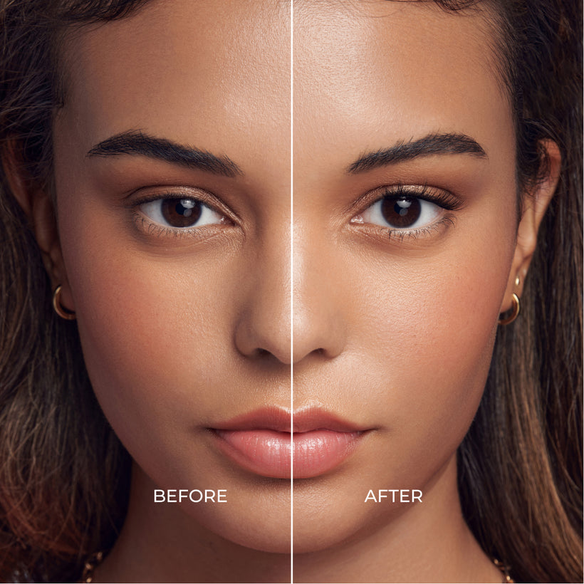 Before and after comparison of eye makeup application with natural eyeshadow and eyeliner.
