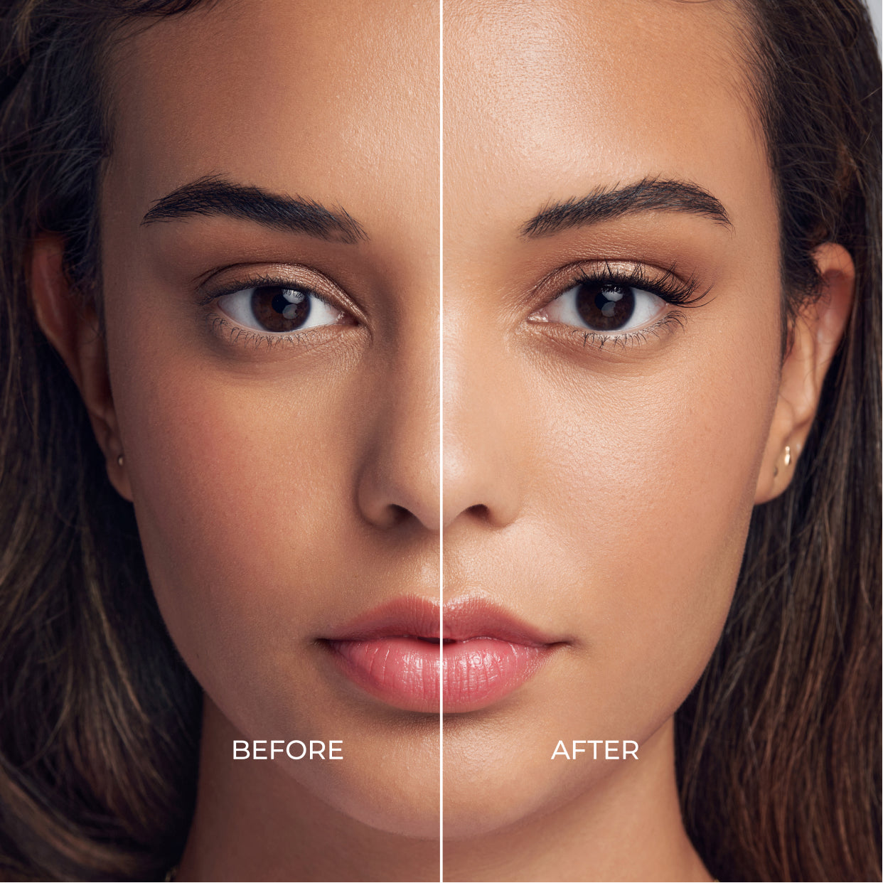 Before and after comparison of imPRESS Easy Tab eyelash application results on model
