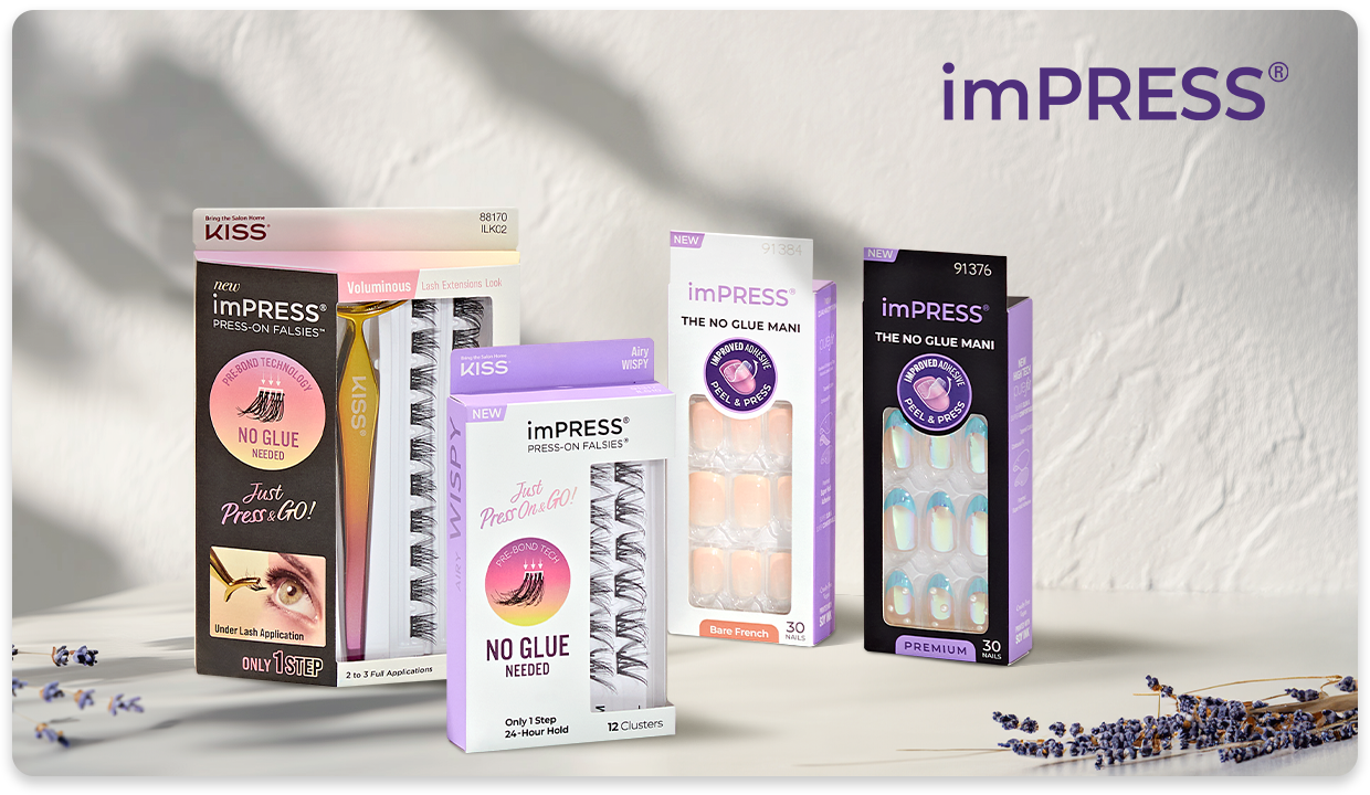 Four packages of imPRESS products, including press on nails and lashes. 