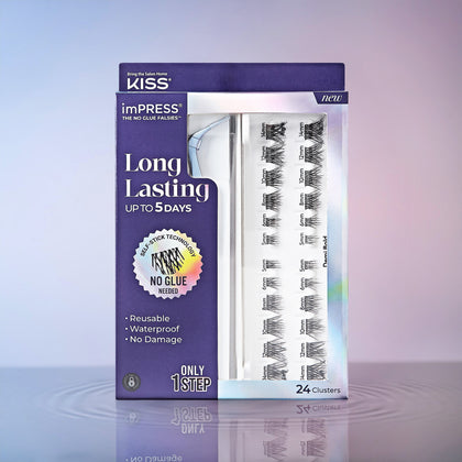 Packaging for imPRESS Long Lasting lash clusters kit. Kit includes 24 press on lashes and lash applicator for easy application.