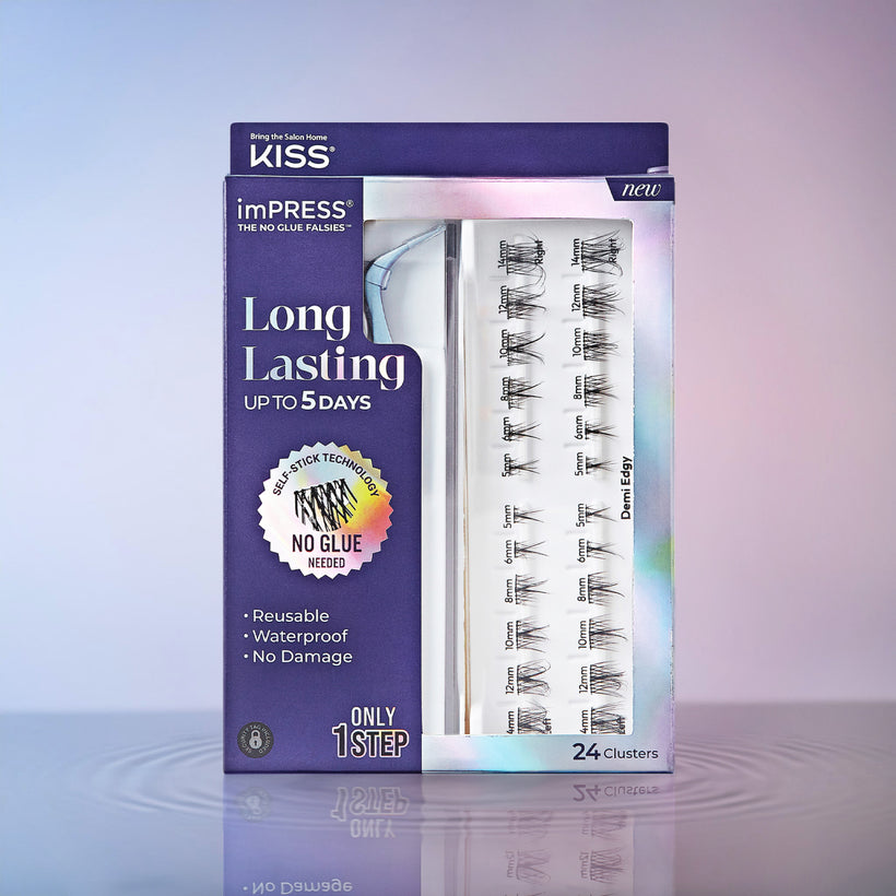 A package of imPRESS Long Lasting starter pack of lashes in "Demi Edgy" which includes 24 lashes and lash tool. 