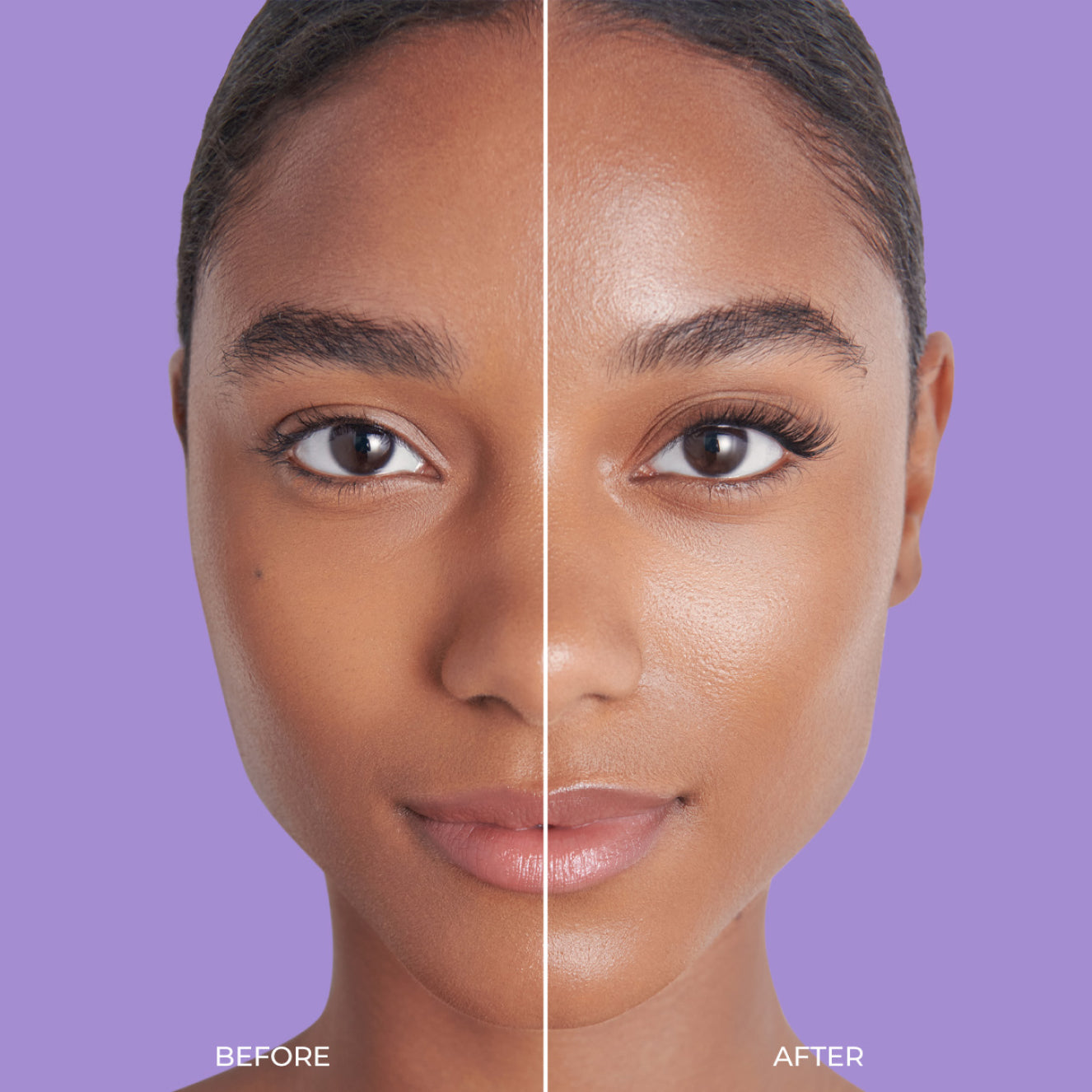 A side by side photo that shows off the difference between natural lashes and  a full set of imPRESS press on lashes, adding volume and length. 
